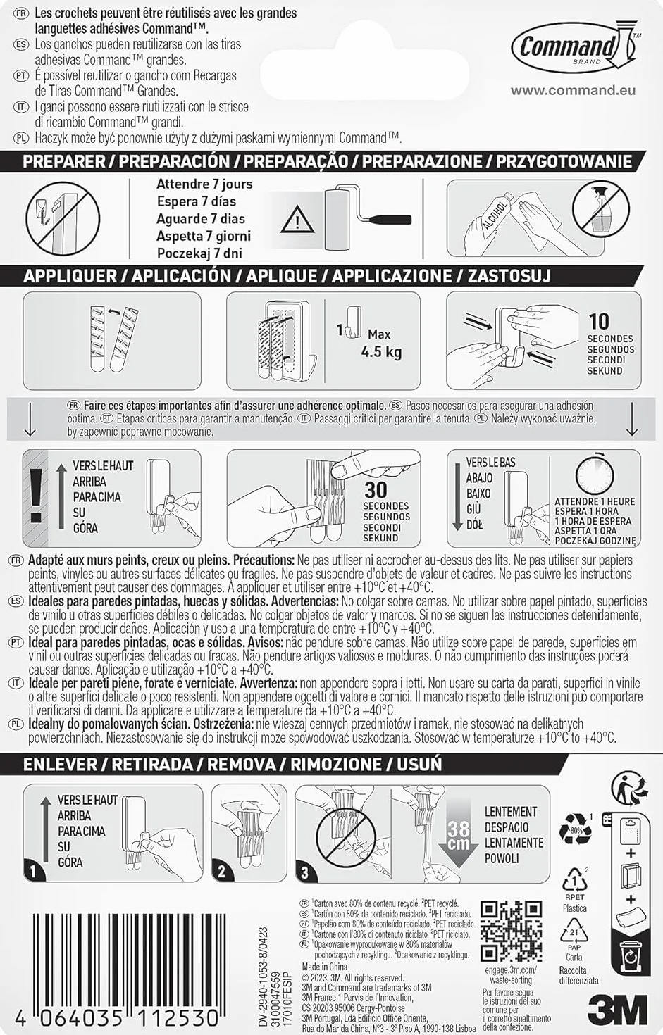 Command Gancio Multiuso XL per Pesi Massimi, 1 Gancio Bianco e 2 Strisce Adesive per Interni e Altri Oggetti - Senza Forare, Danneggiare il Muro o Lasciare Residui Appiccosi, Tenuta: 4,5kg