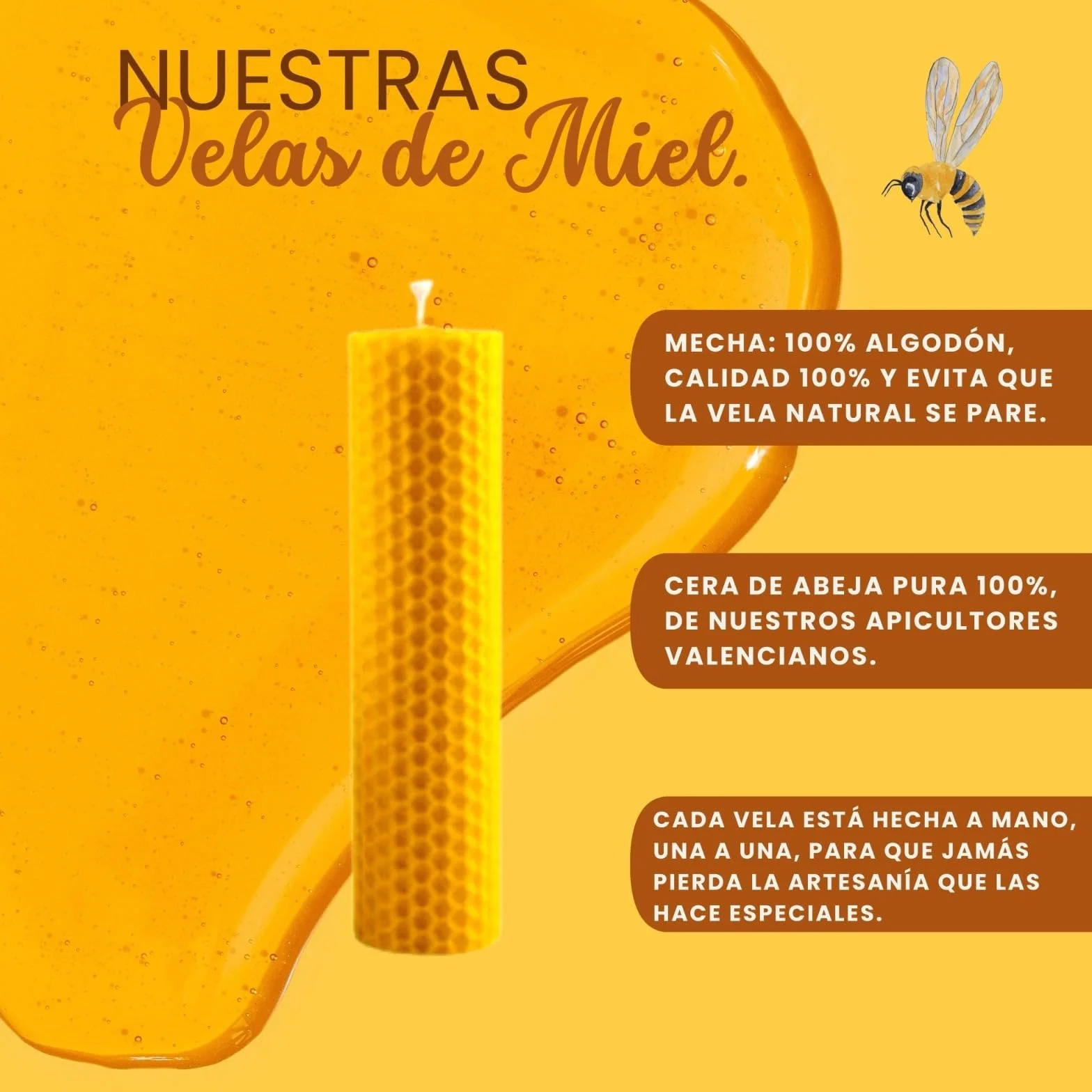 Candele al miele d'api 8 pezzi, cera d'api pura 100% spagnola, fatte a mano, 10x2,2 cm, senza paraffina