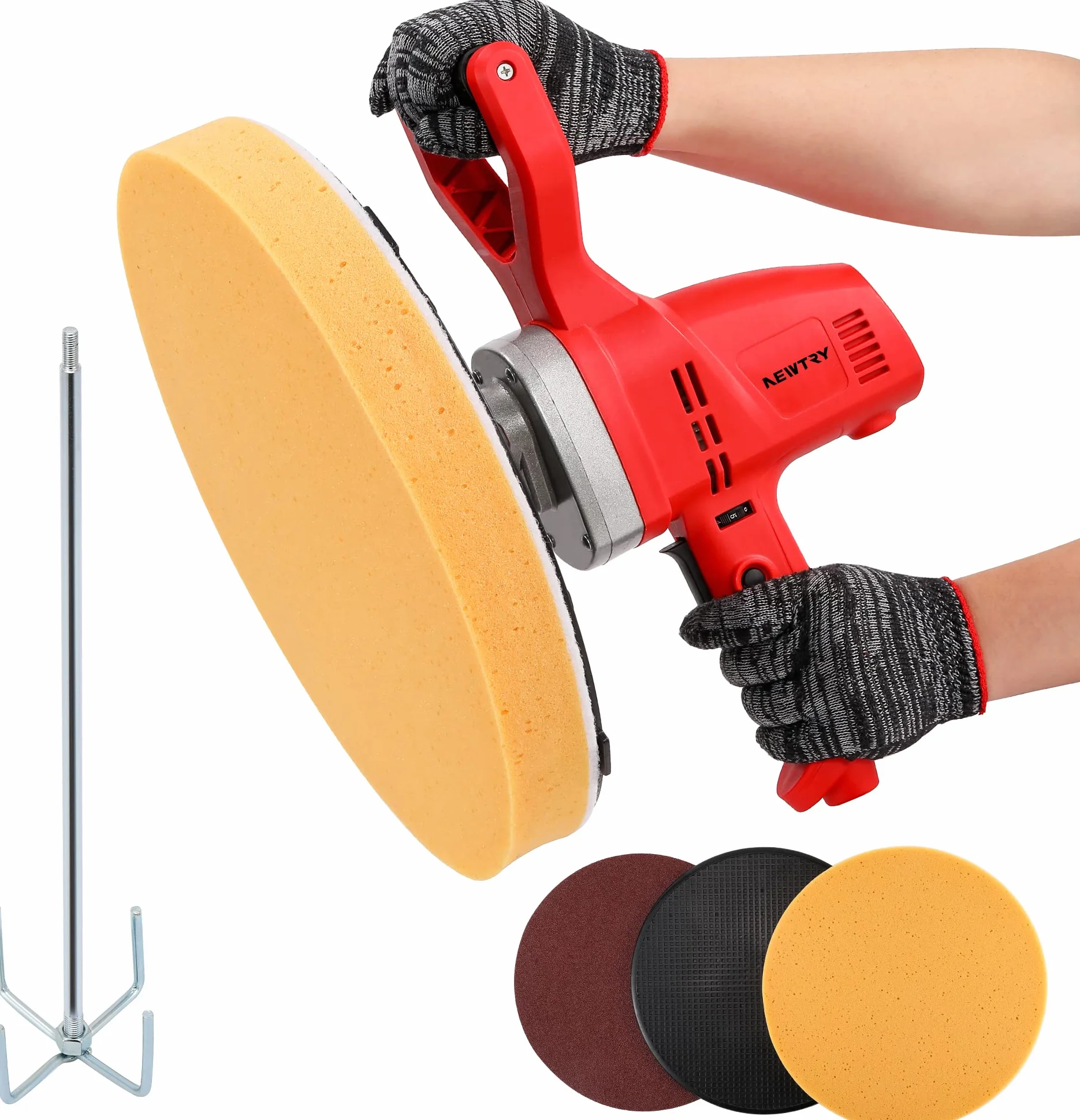 NEWTRY Frattazzatrice elettrica per malta da muratore, Cazzuola lisciante per intonaco portatile per rifiniture murali, con dischi di ricambio in carta vetrata spugnosa 220V CE