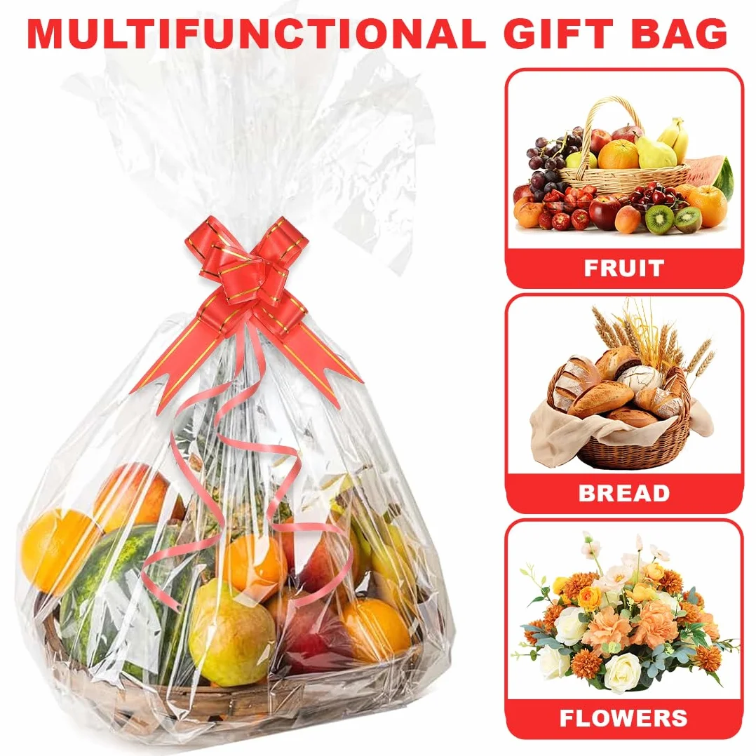 3 Pezzi Grandi Sacchetti di Cellophane con 3 Fiocchi Decorativi, Carta Trasparente per Regali, Cesti, Fiori, Artigianato, Dolci, Matrimonio (70x100cm) (Trasparente)