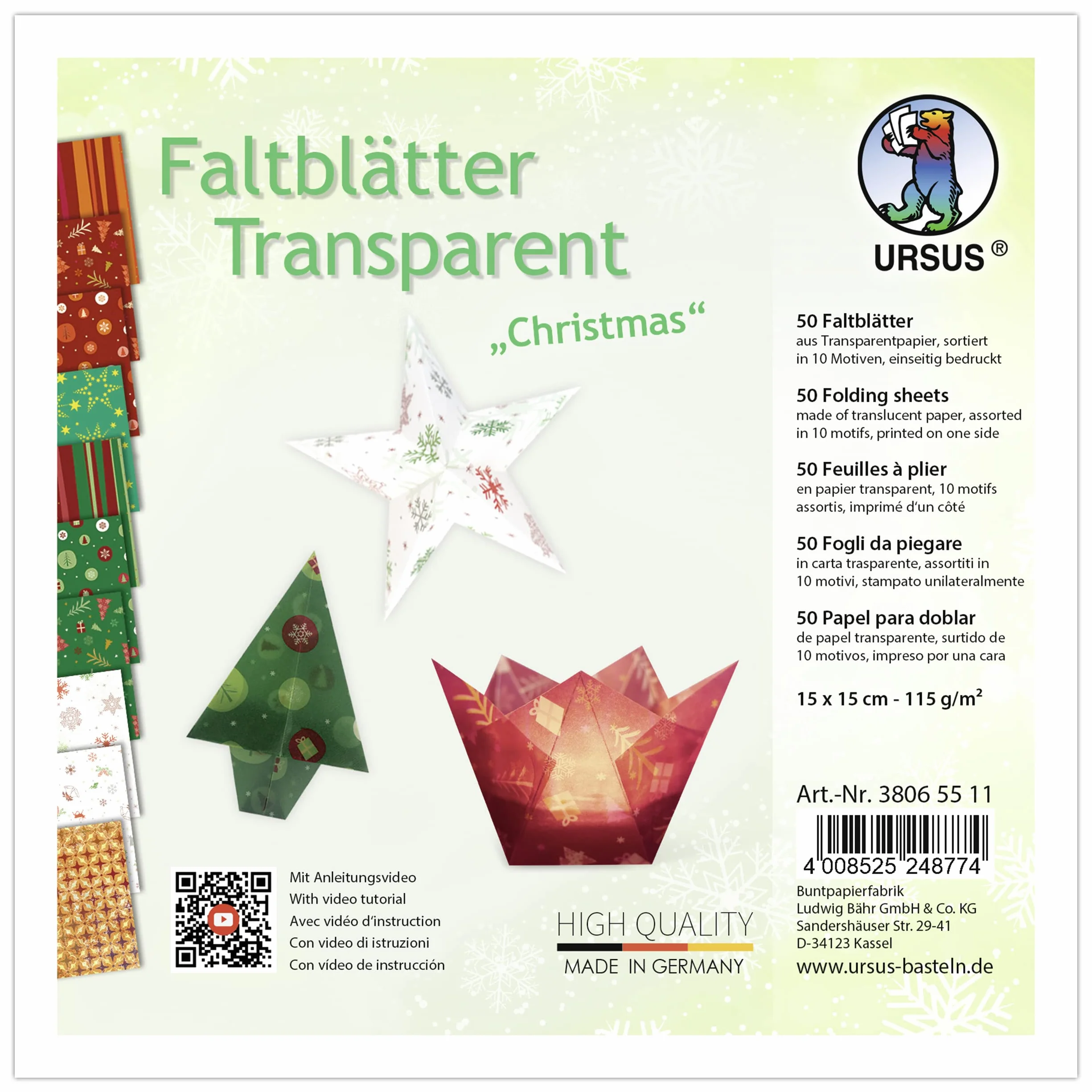 Ursus 38065511 - Fogli pieghevoli "Natale" 115 g/m², 50 fogli 15 x 15 cm, stampati su un lato