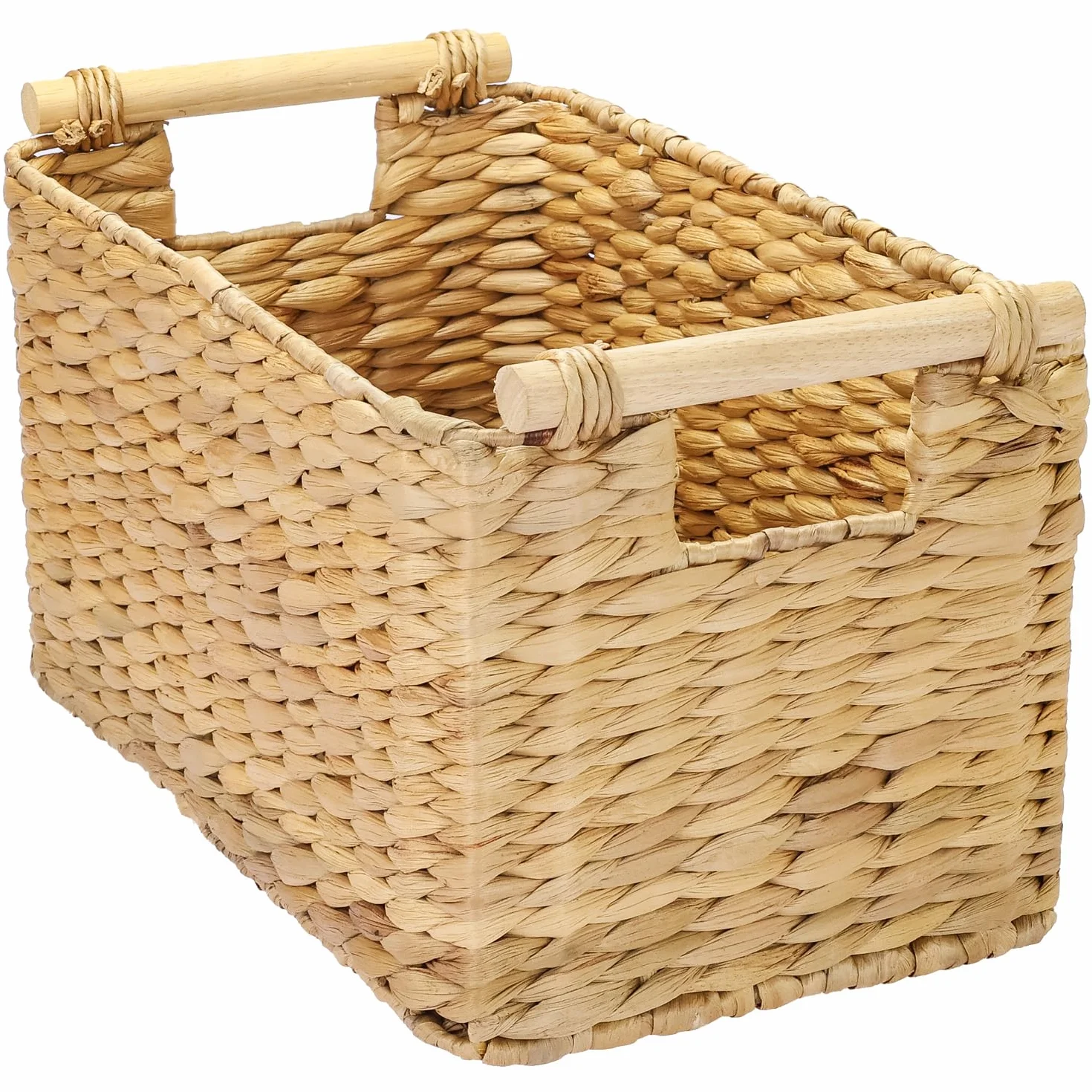 Cesto portaoggetti intrecciato in giacinto d'acqua con manici in legno 37 x 22 x 20 cm naturale