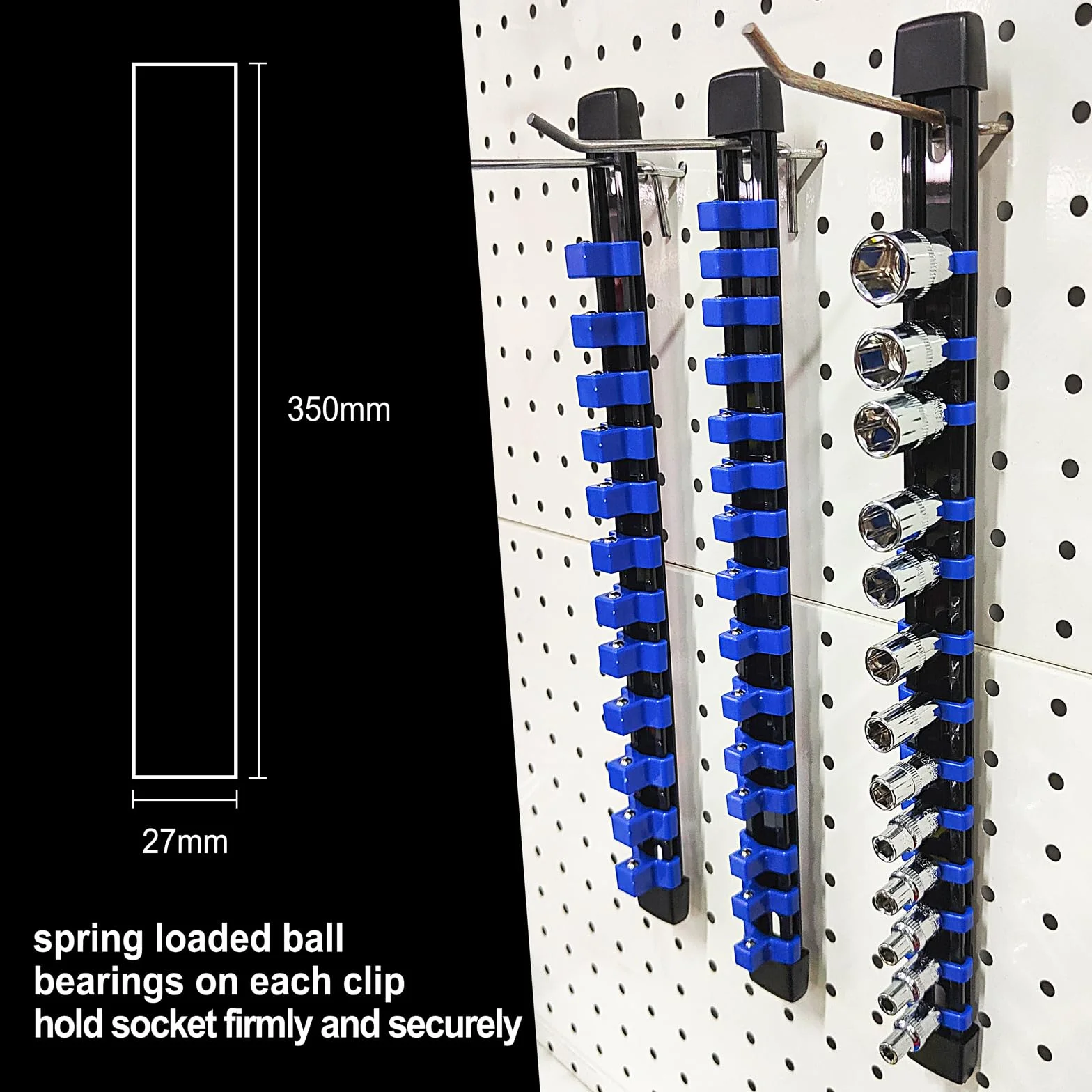 Gunpla Set di 9 Porta Bussole SAE o Metric Con 129 Clips - 1/4" x48, 3/8"x45, 1/2" x 36 - Organizer Porta Utensili da Parete