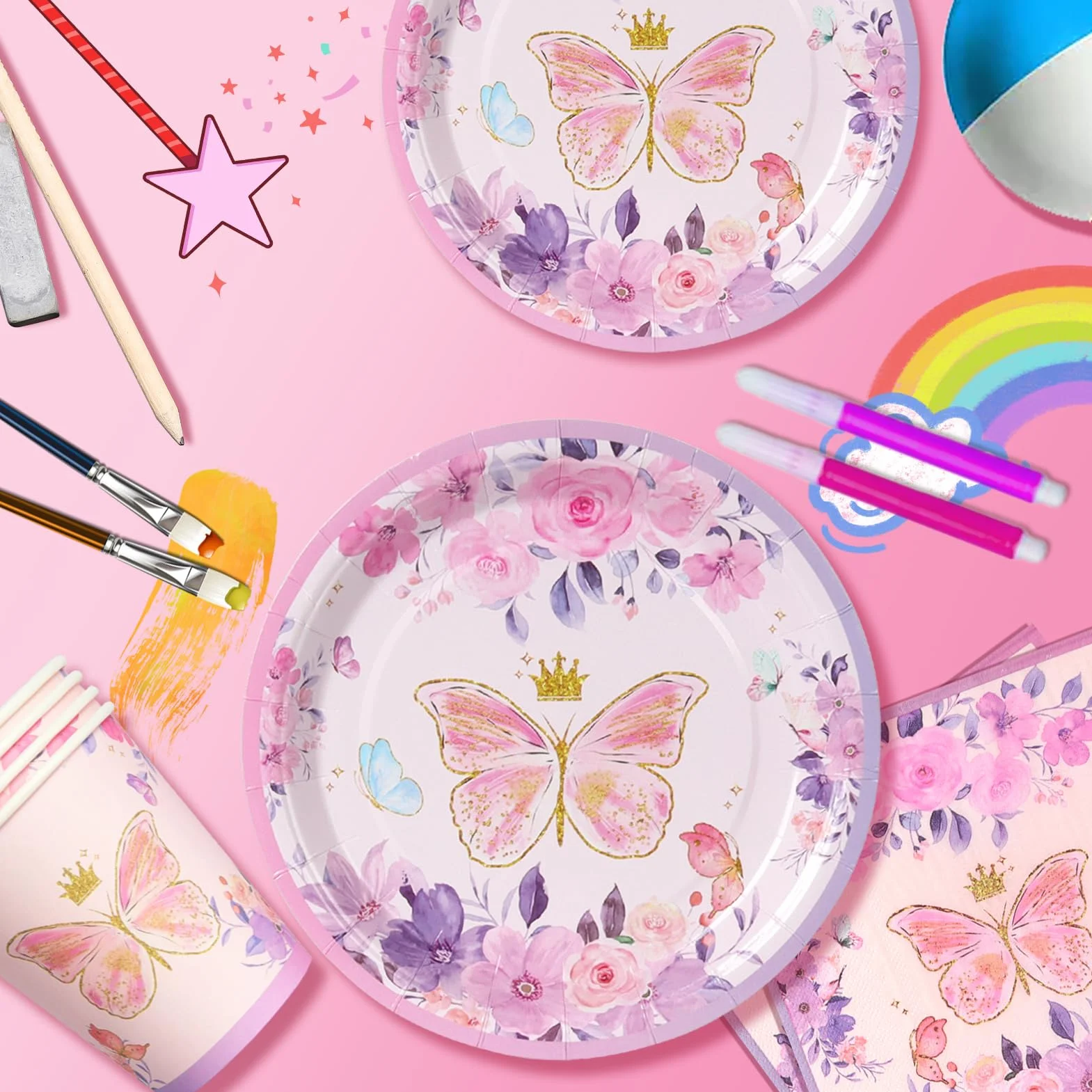 Set 52 pezzi tema farfalle lavanda piatti bicchieri tovaglioli decorazione compleanno motivi floreali 16 ospiti