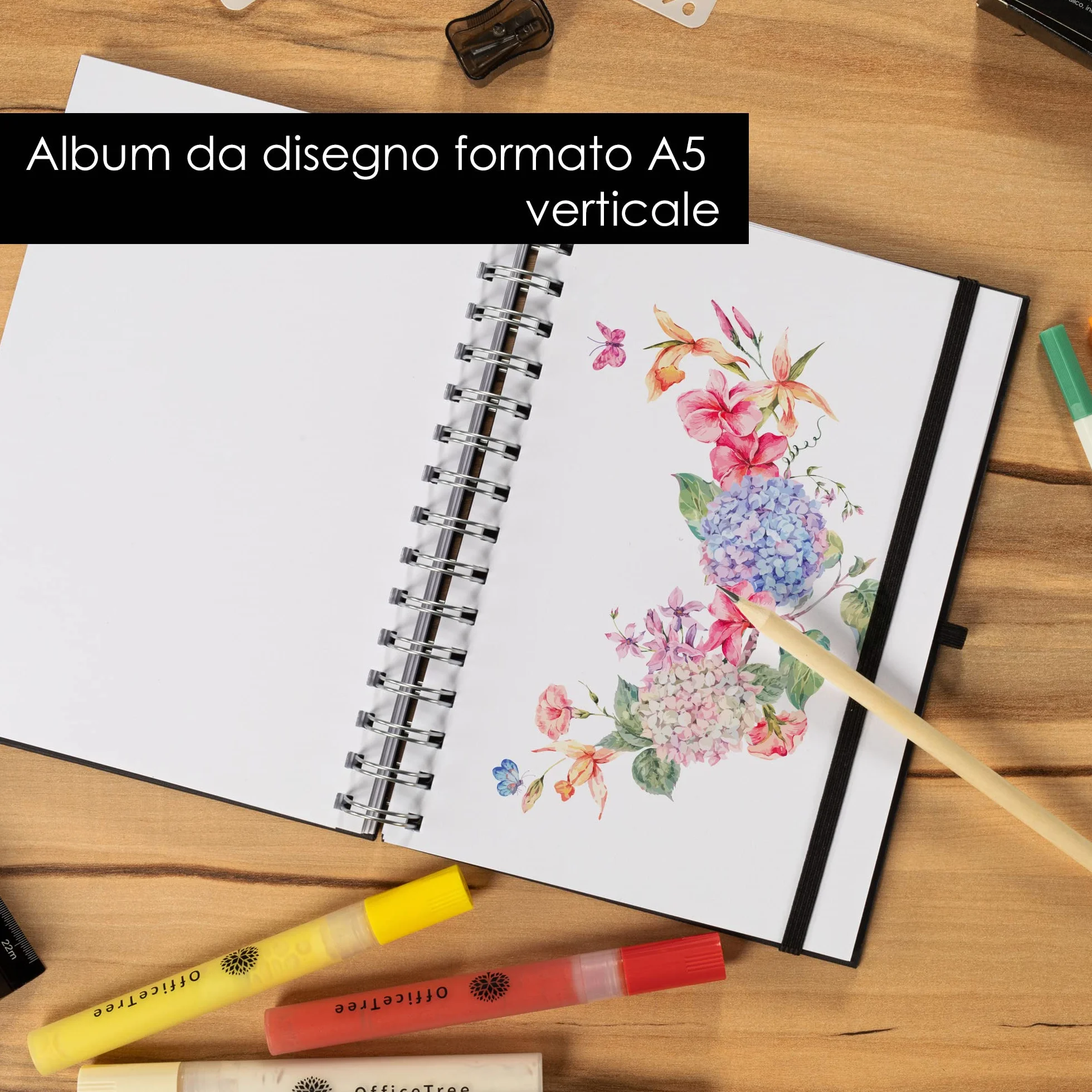 OfficeTree Taccuino per schizzi, formato A5, con rilegatura a spirale, formato verticale, 96 pagine, 48 fogli, A4, 200 g, carta bianca vergine, libretto per schizzi acquerello, matita inclusa