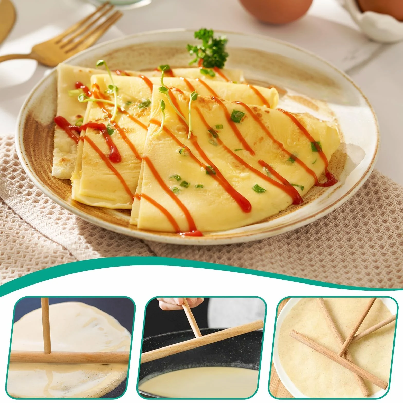 Set de spatules et d'étaleurs de crêpes - set de 4, bois naturel, ustensile de cuisine pour étaler et retourner les crêpes, pratique, spatule de 30 cm de long - lavable au lave-vaisselle