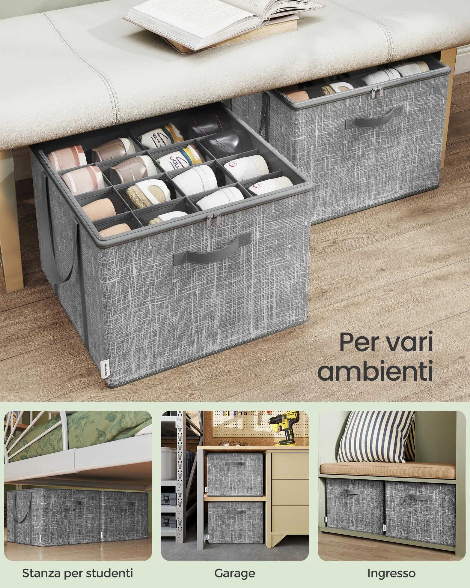 SONGMICS Organizer Scarpe, Set di 2, Ciascuno per fino a 16 Paia, Scatole Contenitori Scarpe, Maniglie, Coperchio Trasparente, per Camera da Letto Ingresso Armadio, Grigio Giunco LSP602G01