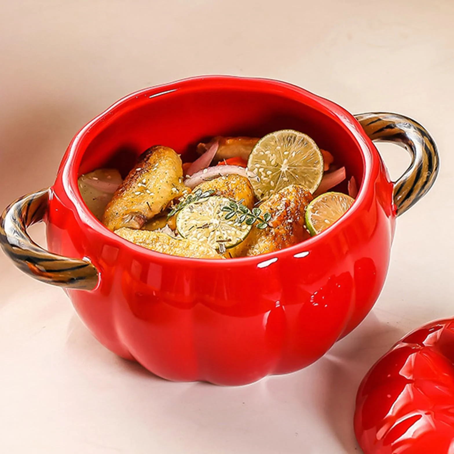 Casseruola in ceramica a forma di zucca, adorabile ciotola di zucca, antiaderente, con coperchio, utensili da cucina in porcellana, stoviglie di ringraziamento di Halloween (rosso)