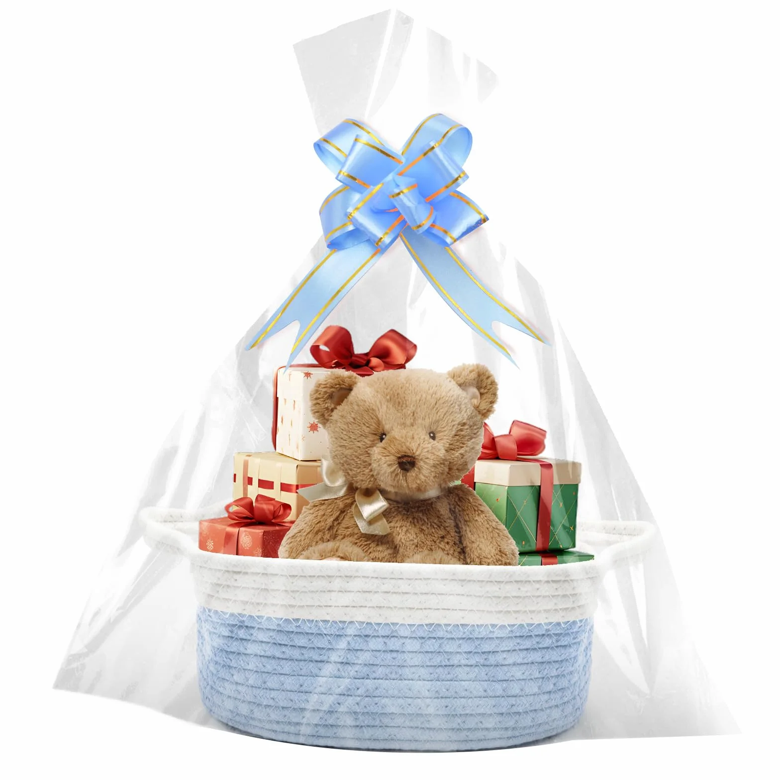 Cestino regalo vuoto 30 x 20 x 12 cm intrecciato blu con sacchetti e nastri
