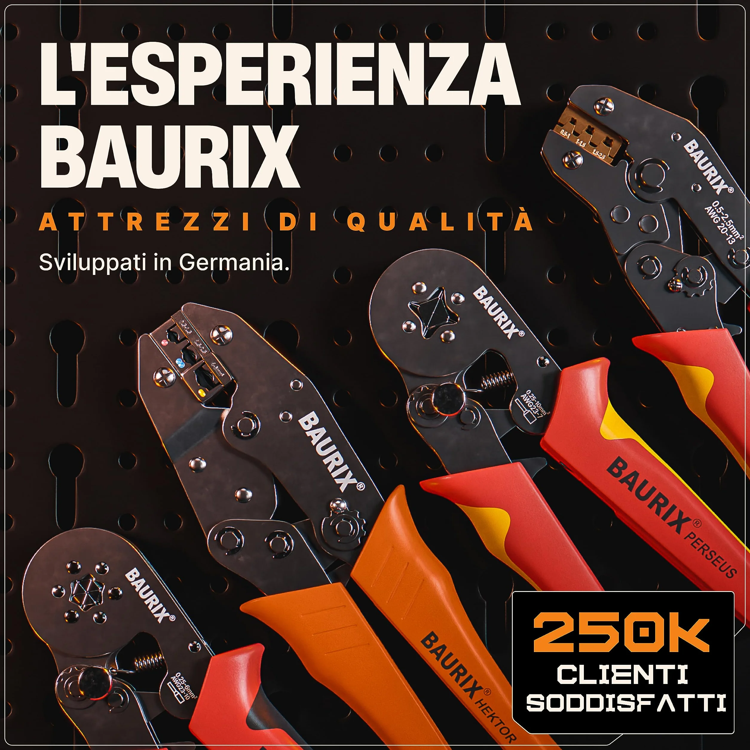 BAURIX® Pinza Crimpatrice con 1800 Puntalini Elettrici 0,25-10mm², Crimpatrice Autoregolante per Filo Elettrico, Pinza Crimpatrice Automatica, Pinza Elettricista - Modello:PERSEUS (4 Bordi)