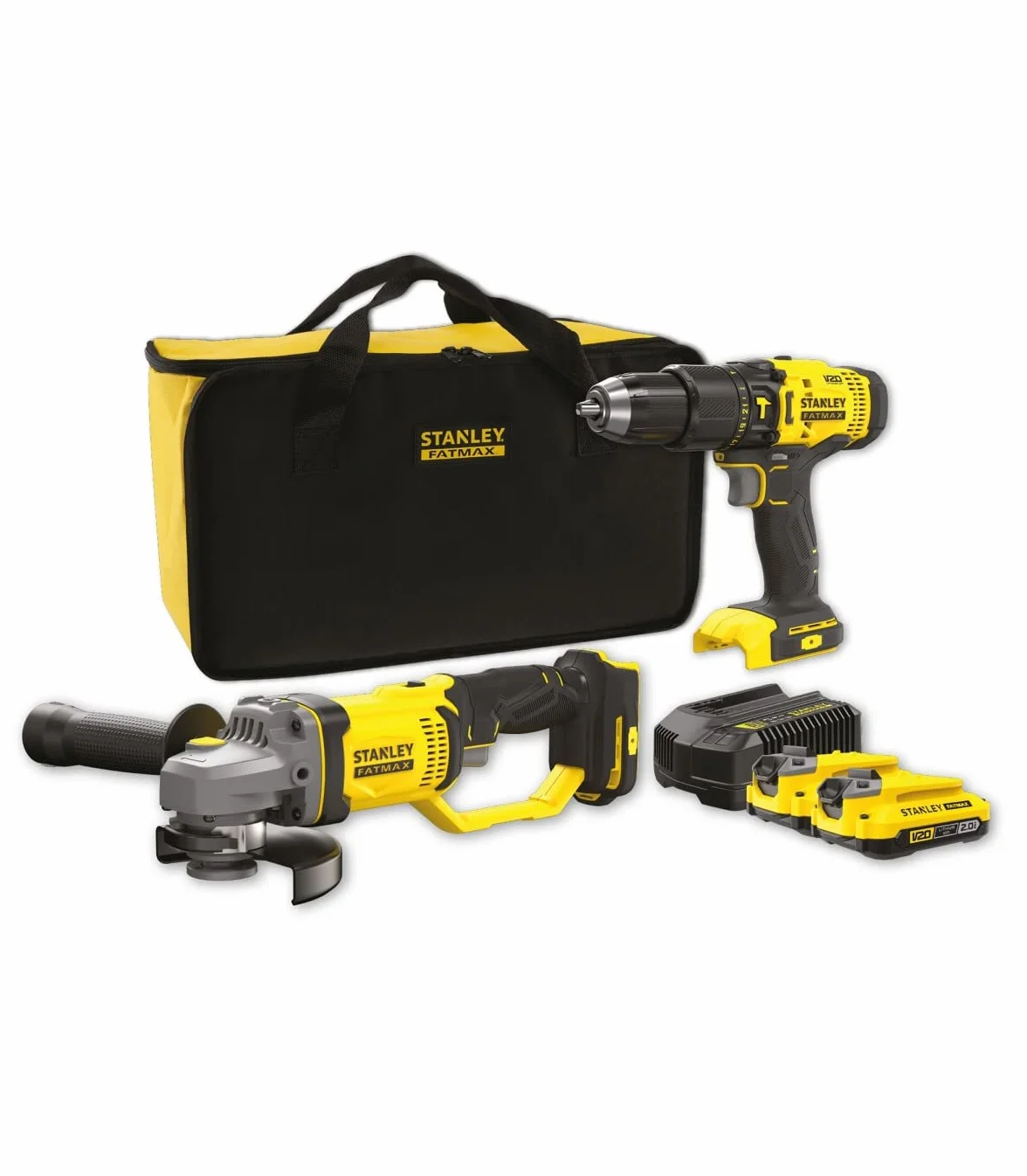 STANLEY FATMAX SFMCK471D2S-QW, Kit Stanley Fatmax V20 - smerigliatrice angolare a batteria da 125 mm, trapano a percussione a batteria, caricabatterie e 2 batterie al litio da 2,0 Ah + valigetta