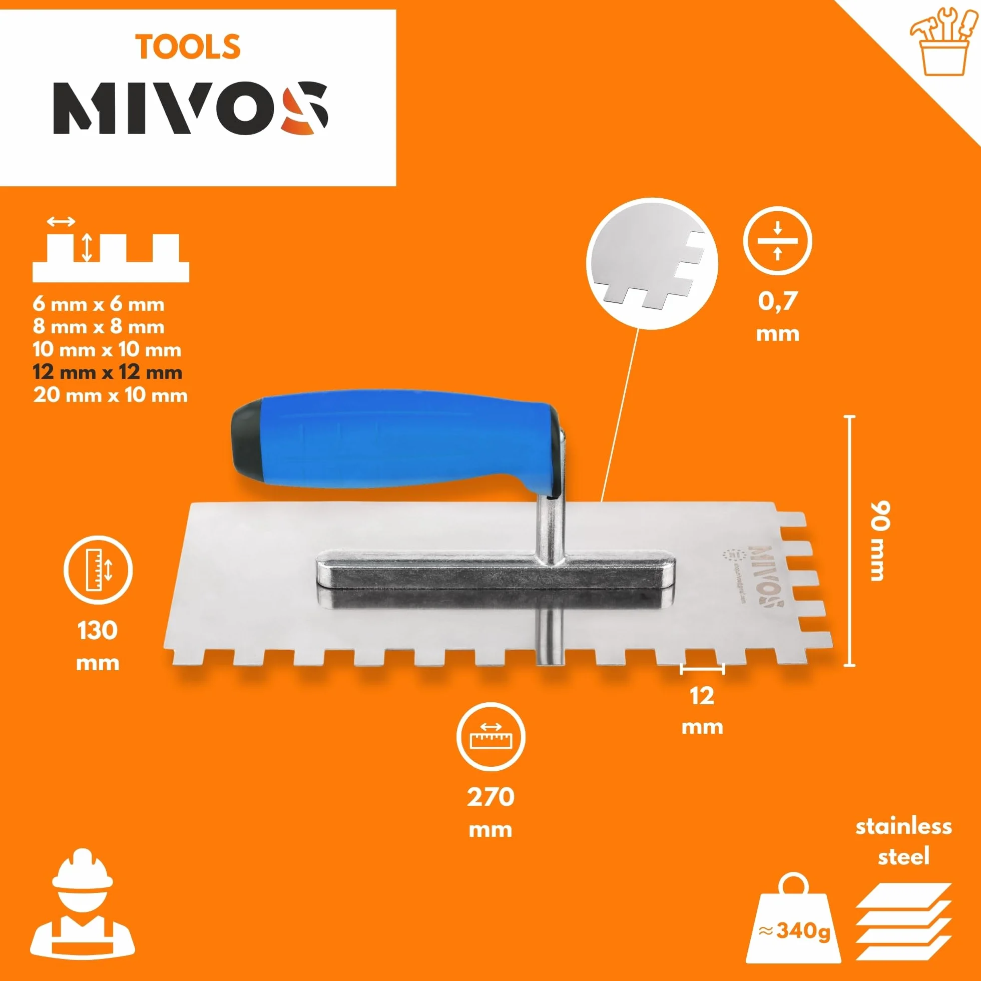 Mivos Cazzuola Dentata 12 x 12, in Acciaio Inox, Con Impugnatura Morbida, Dentatura da 12 mm, Senza Ruggine, 270 x 130