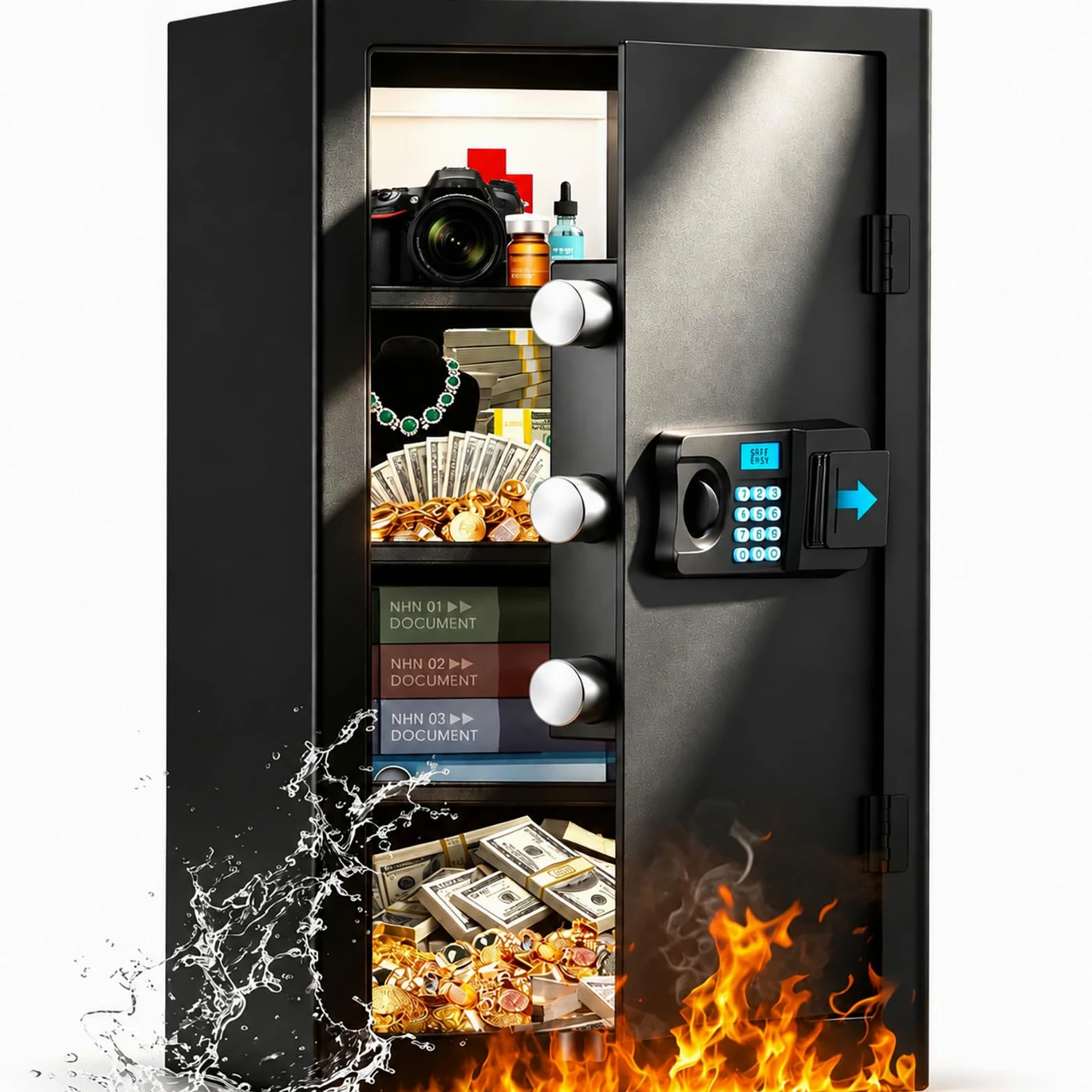 Cuft 6.0 Cassaforte per la casa, impermeabile, antifurto, a prova di fuoco, con serratura a combinazione, allarme Systerm e ripiano rimovibile, cassaforte antincendio digitale per oggetti di valore