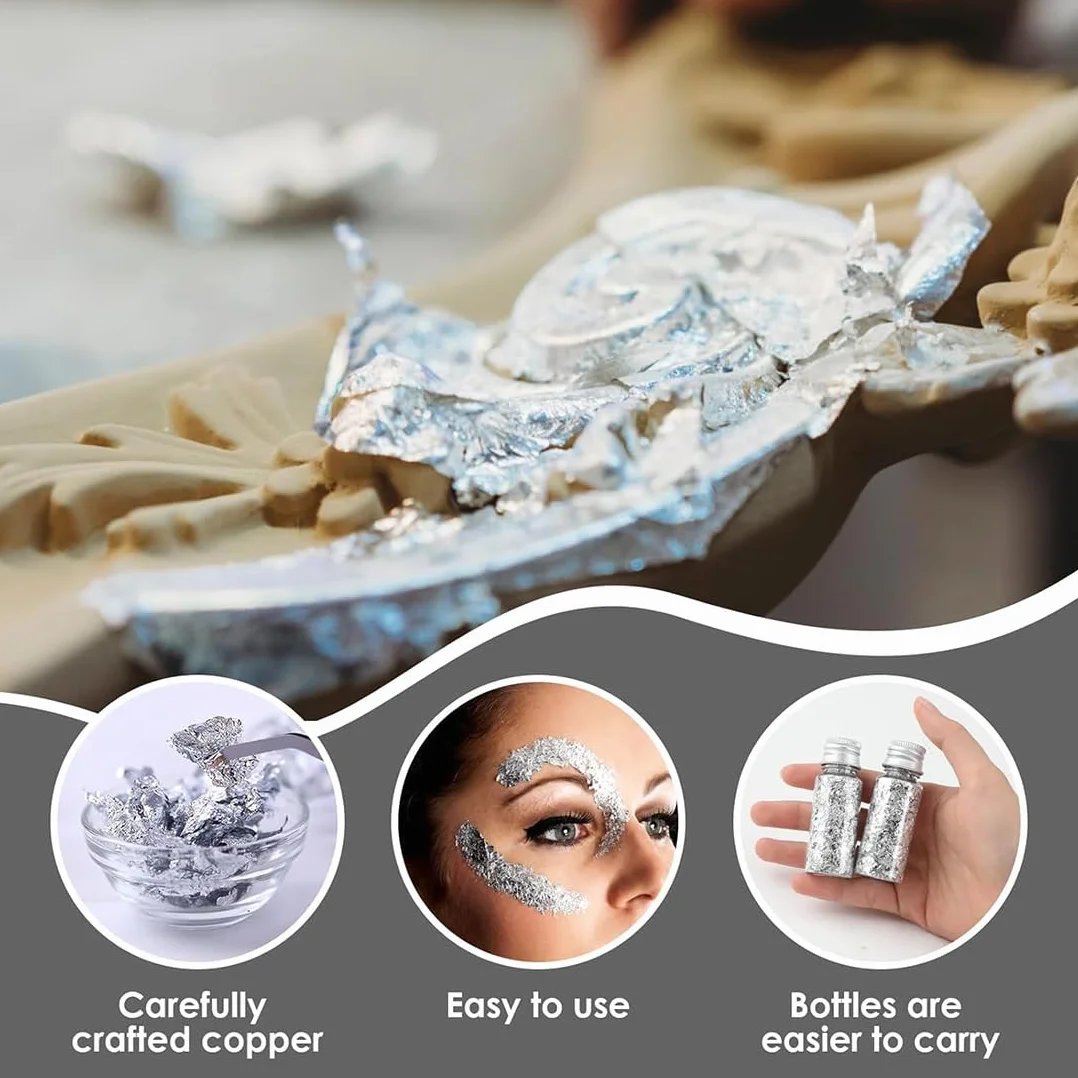 Foglio D'Argento 1Bottiglie, con 1Pinzette, Compatibile con Foglia D'oro e Foglia D'oro, Foglia Imitazione per Forniture per il Tempo Libero Creativo, Unghie Dipinti, Foglia d'oro per Pittura