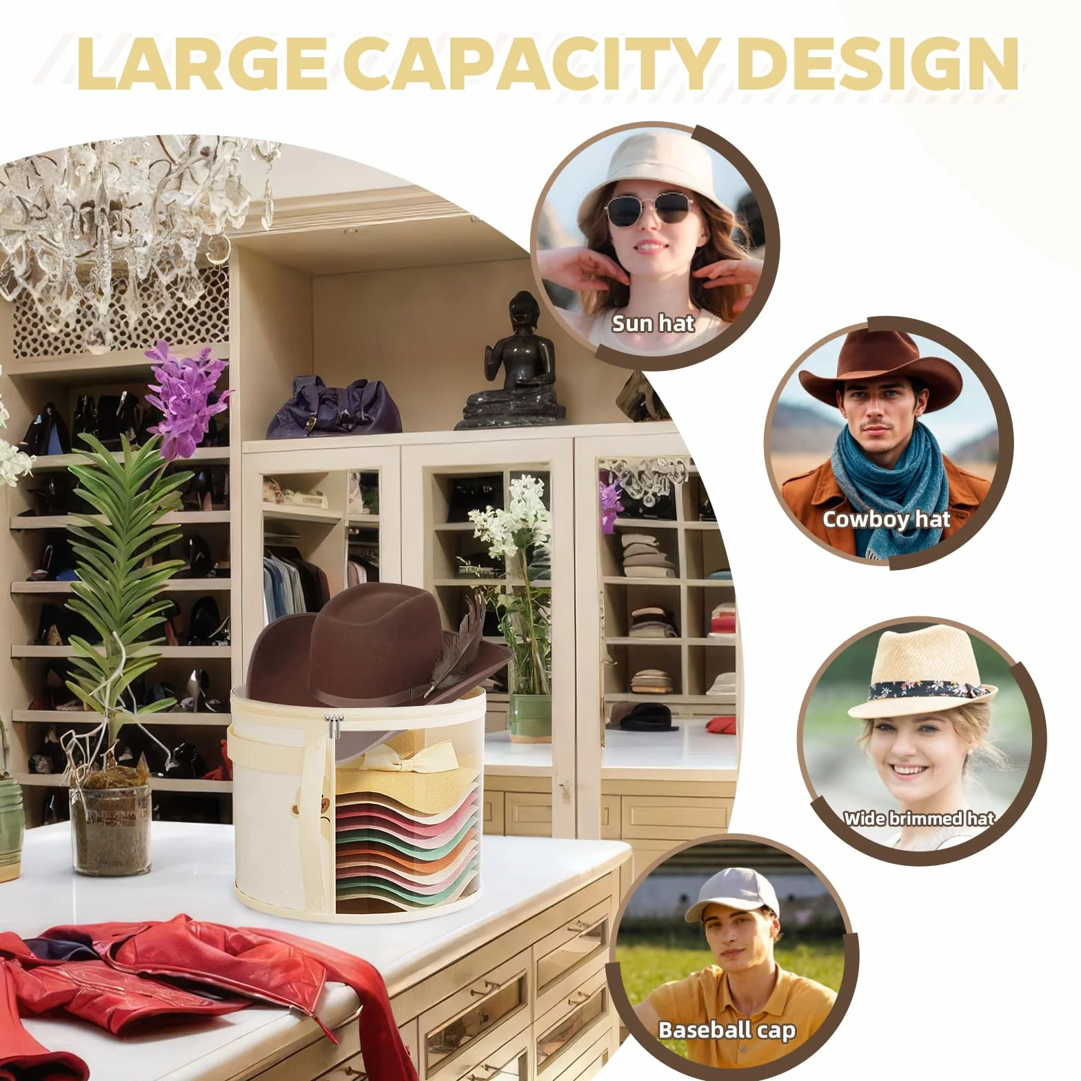 Cappelliera Rotonda con Coperchio, Scatole per Cappelliere Rotonde con Cerniera, Contenitore Per Cappelli Pieghevole, Porta Cappellini Grande per il Guardaroba o per il Viaggio, 2 Pezzi, Beige