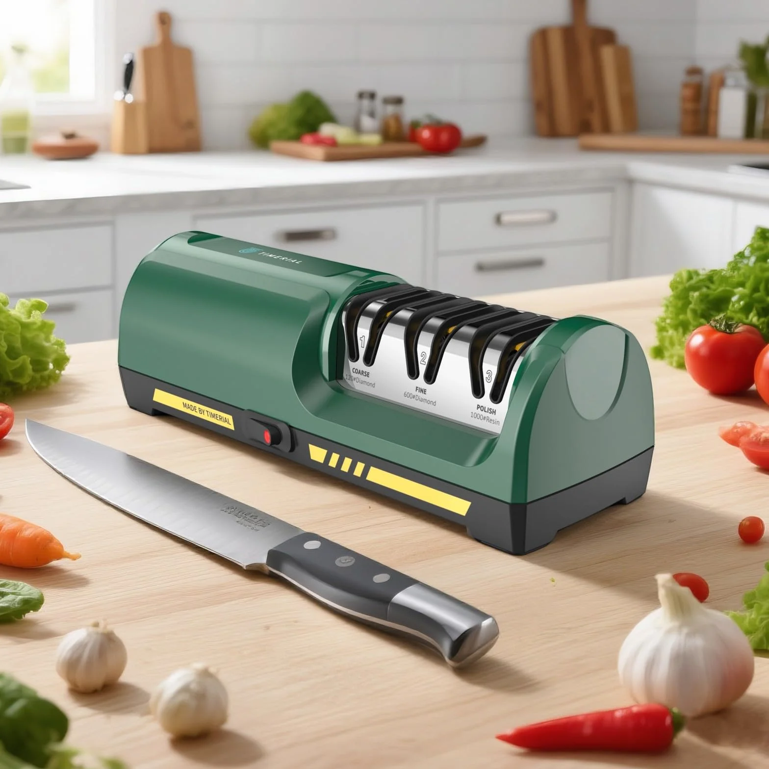Affilacoltelli elettrico con disco abrasivo diamantato a 3 stadi e guida angolare di precisione a 15°, per affilare e lucidare coltelli da cucina in acciaio o coltelli in ceramica