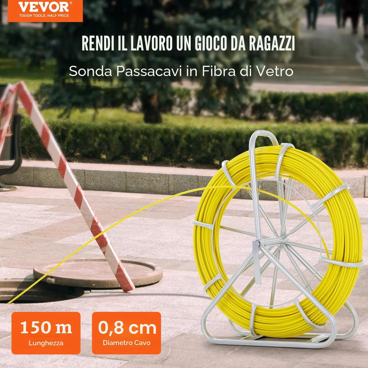 VEVOR Sonda Passacavi in Fibra di Vetro 7,9mm x 150m con Supporto in Metallo Estrattore a Nastro per Cavo Elettrico con 2 Teste di Trazione Strumento di Installazione del Cavo Elettrico in Fiberglass