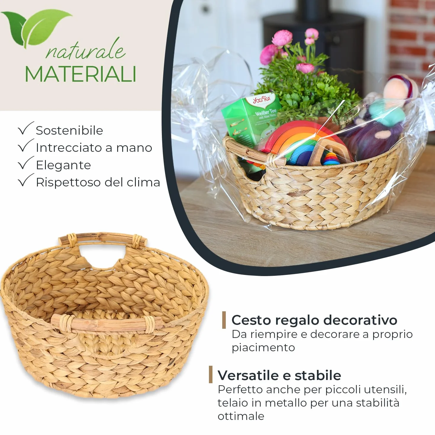 HMF Cesto portaoggetti rotondo, cesto regalo intrecciato in giacinto d'acqua con manici in legno | 30 x 12 cm