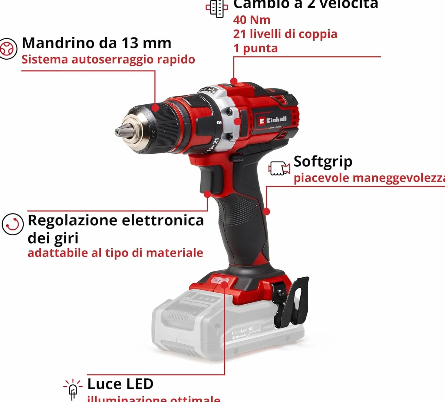 Einhell TE-CD 18/40 Li-Solo Trapano avvitatore a batteria Power X-Change (torsione 40Nm, vel. 1 giri al min. 400, vel. 2 giri al min. 1,500, mandrino 13 mm),Versione 2024