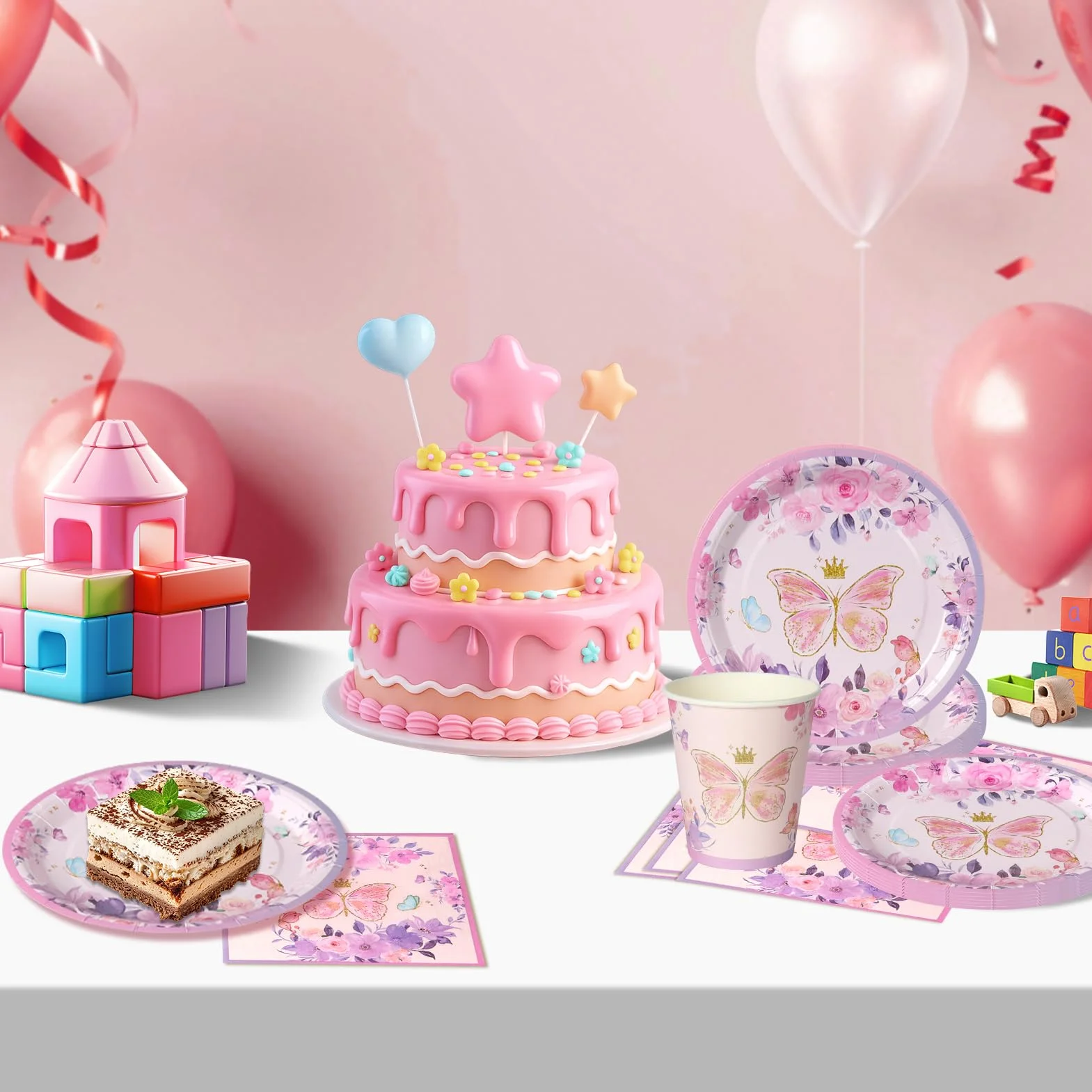 Set 52 pezzi tema farfalle lavanda piatti bicchieri tovaglioli decorazione compleanno motivi floreali 16 ospiti
