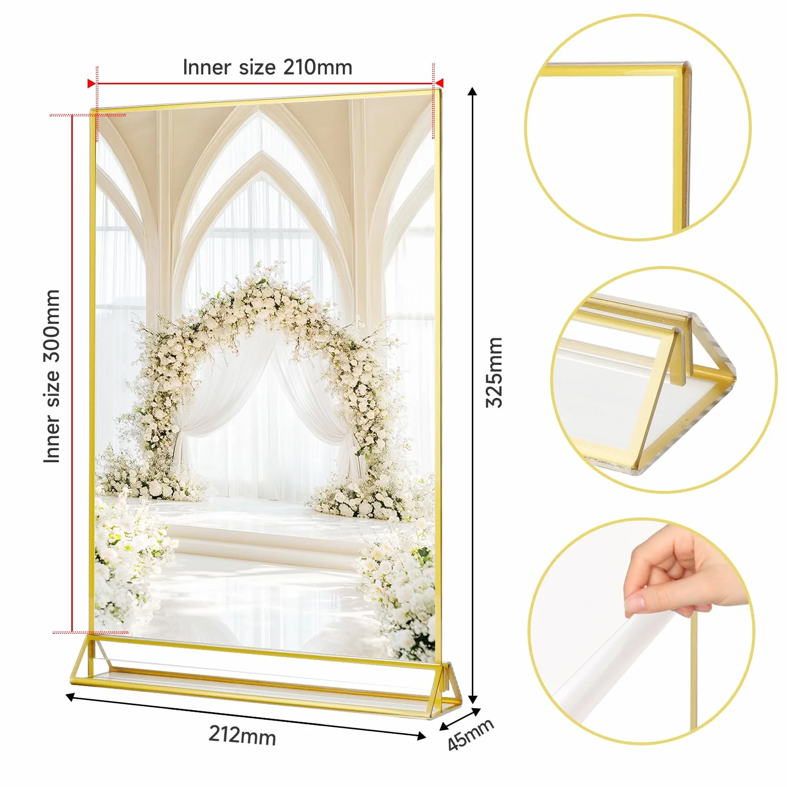 SAN LIKE Cornice per foto A4 in oro, 6 pezzi Trasparenti portacarte da tavolo in acrilico, Cornice dorata doppia faccia, Espositore in stile cavalletto per numeri da tavolo di nozze, banchetti