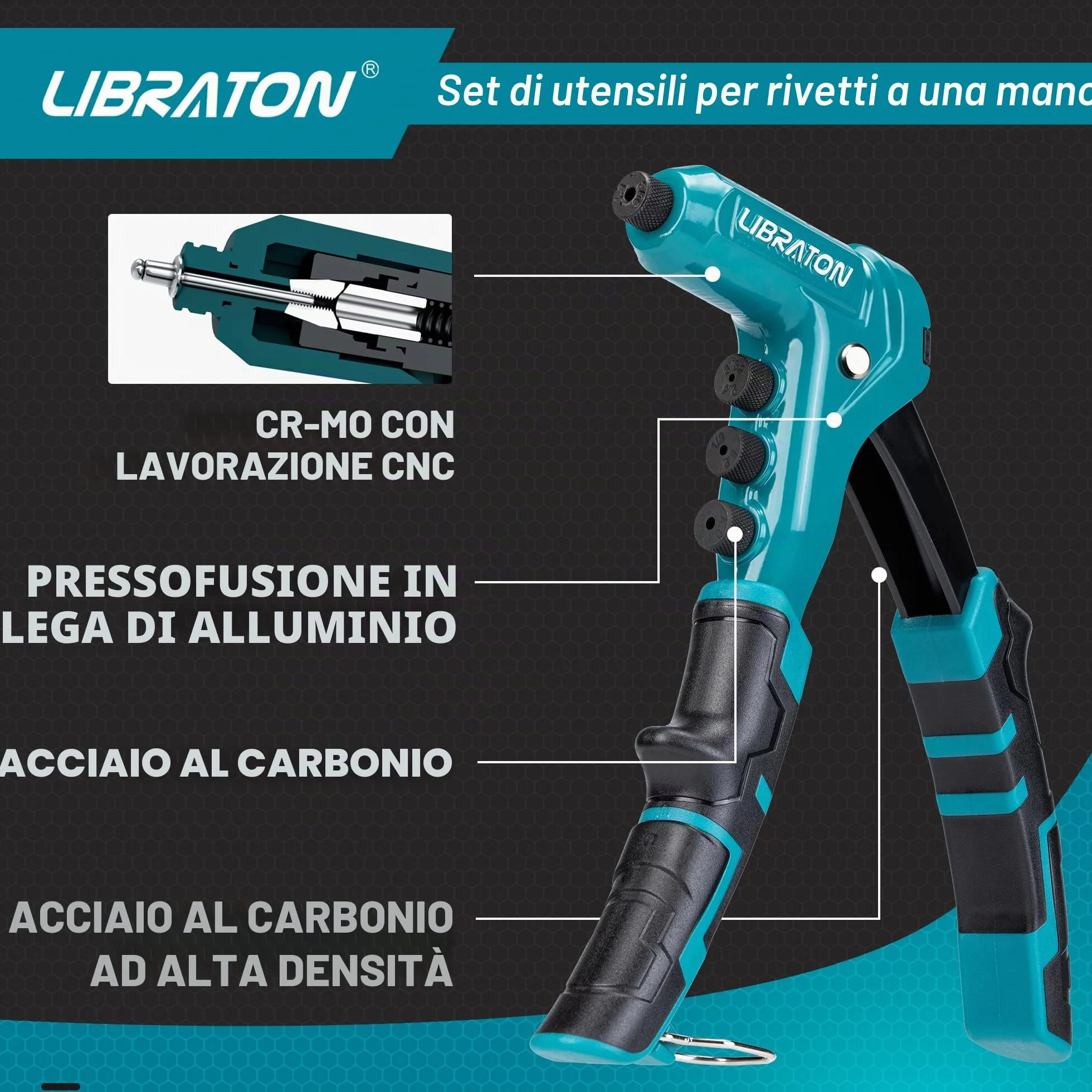 LIBRATON Rivettatrice Manuale Professionale con 200 Rivetti in Alluminio 4 Punte 4 Teste 2,4-4,8mm