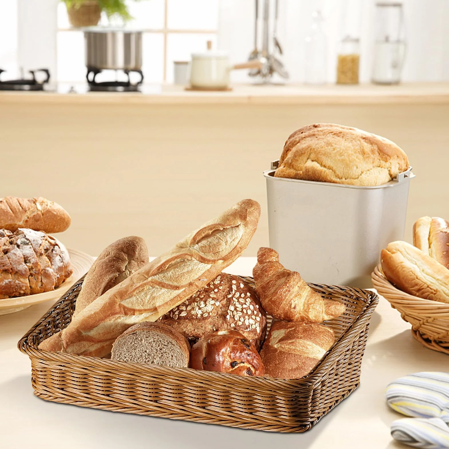 Cesto portaoggetti in rattan, 40 x 30 x 12 cm, rettangolare, in rattan, per conservare frutta e pane, cestino da bagno, articoli da cucina e decorazioni