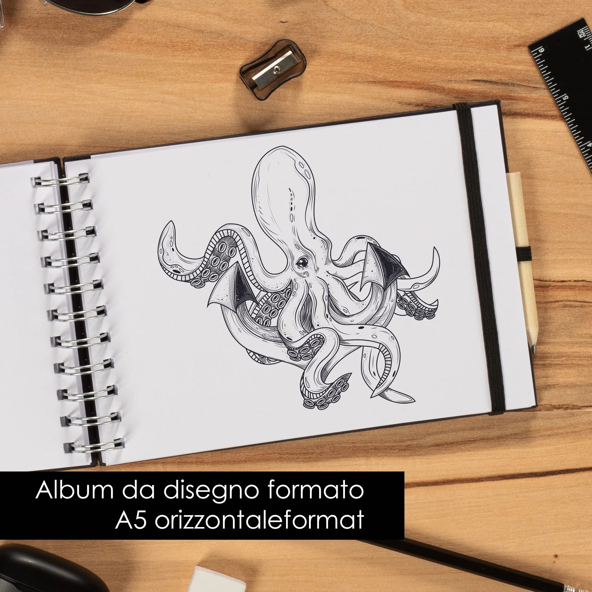 OfficeTree Taccuino per schizzi, formato A5, con rilegatura a spirale, formato orizzontale, 96 pagine, 48 fogli, formato A4, 200 g, carta bianca vergine, libretto di schizzi acquerello, matita inclusa