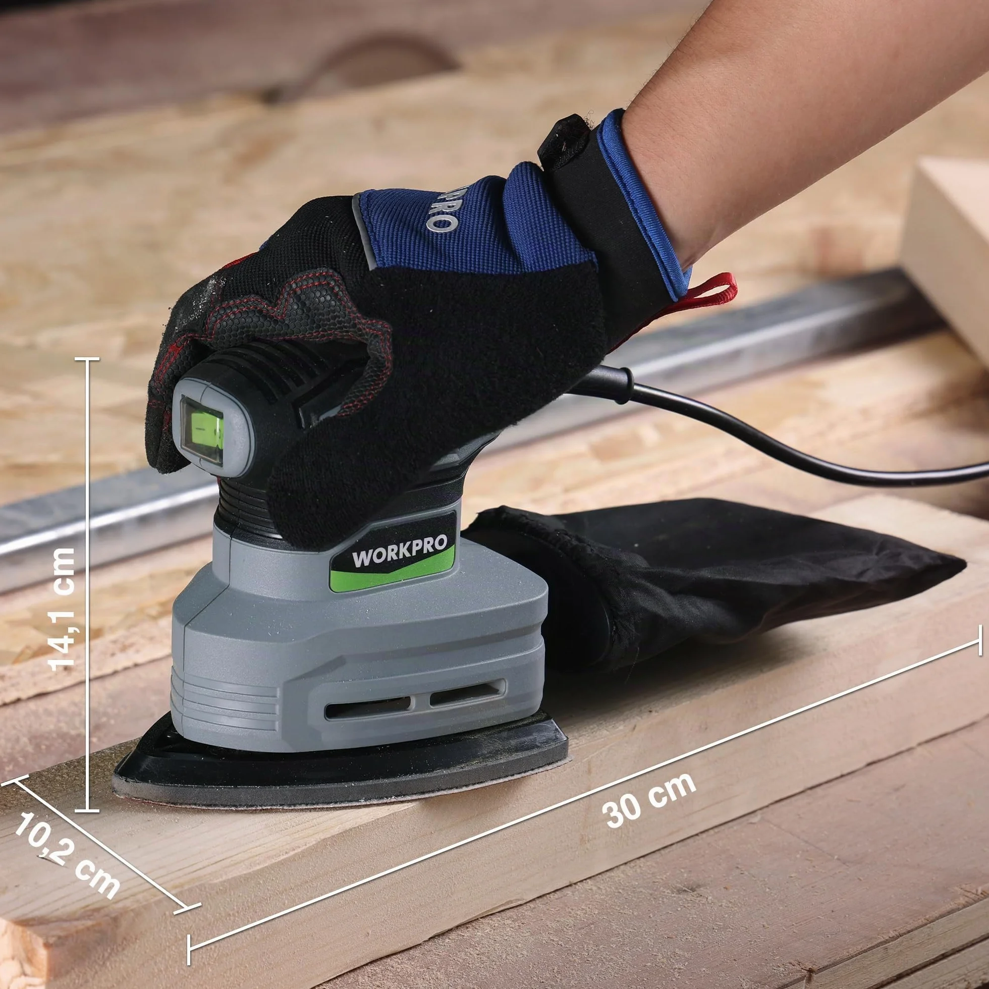 WORKPRO Levigatrice Delta 130W 13.000 giri/min con aspirazione polvere 20 fogli abrasivi