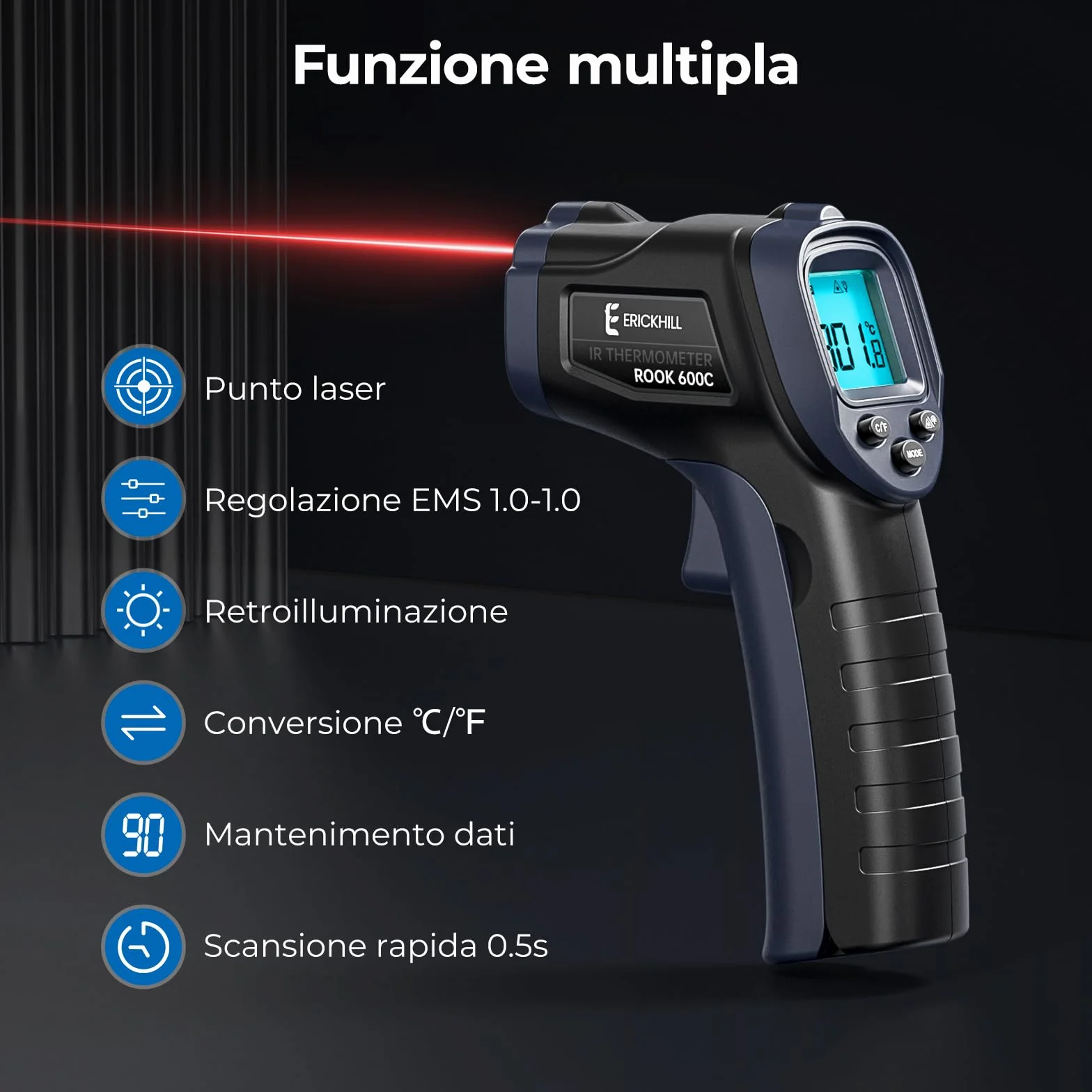 ERICKHILL 600C Termometro a infrarossi -50°C a 600°C Emissività regolabile Laser Senza Contatto LCD retroilluminato