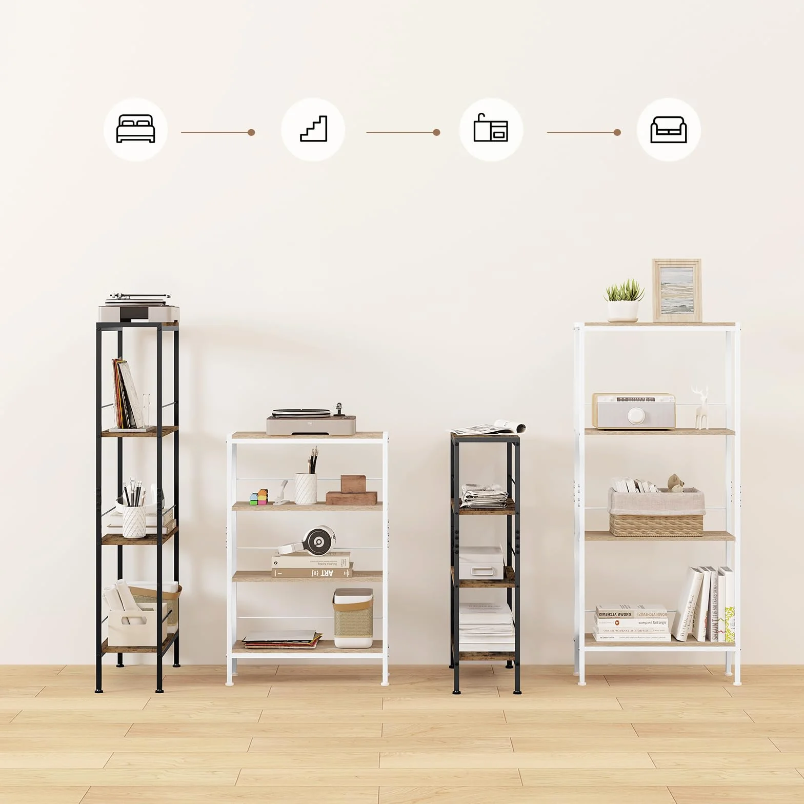 WOLTU Scaffale Salvaspazio da Cucina a 4 Ripiani, Scaffale Angolare per Bagno, Soggiorno, Camera da Letto, Stile Nordico, in Legno e Metallo, Rovere Chiaro+Bianco, 50x20x110cm, RGB53whe