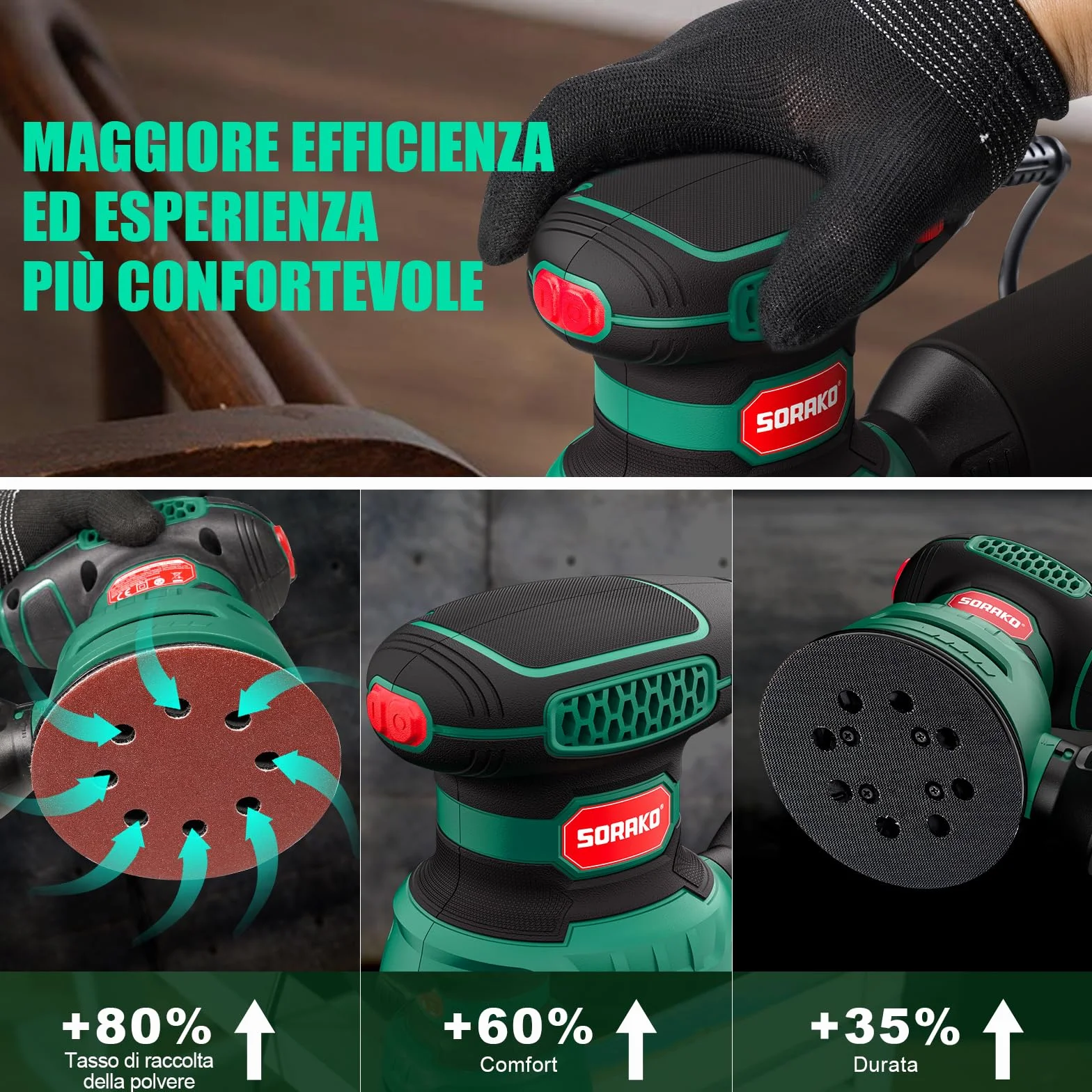 SORAKO Levigatrice Orbitale 350W 6 Velocità Regolabili con Raccolta Polvere e Carta Vetrata