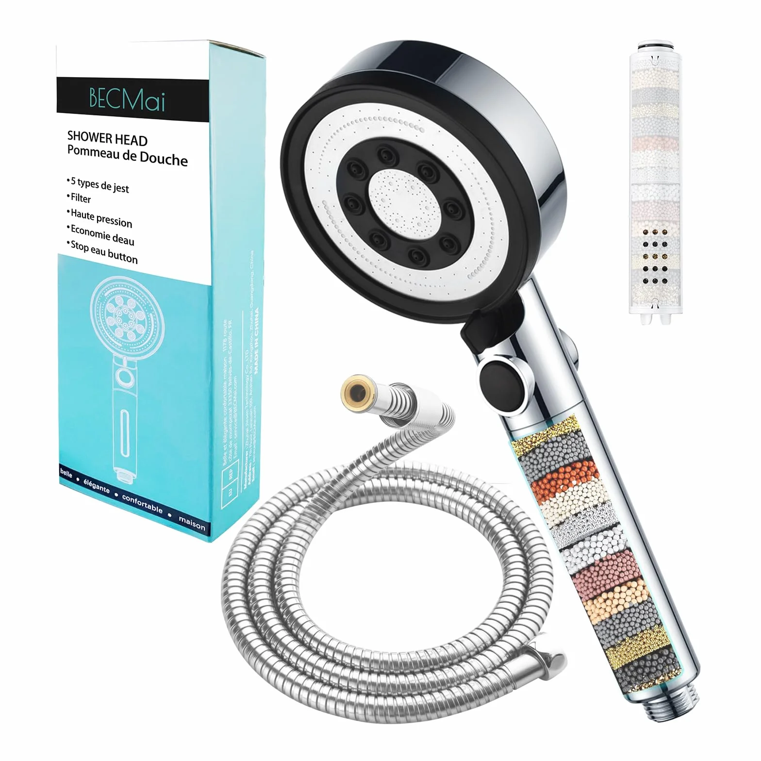 Pompa Doccia Alta Pressione, Filtro Anticalcare con Risparmio Idrico, 5 Tipi di Getto, 1,5m Tubo Flessibile, Cromato, per Bagno