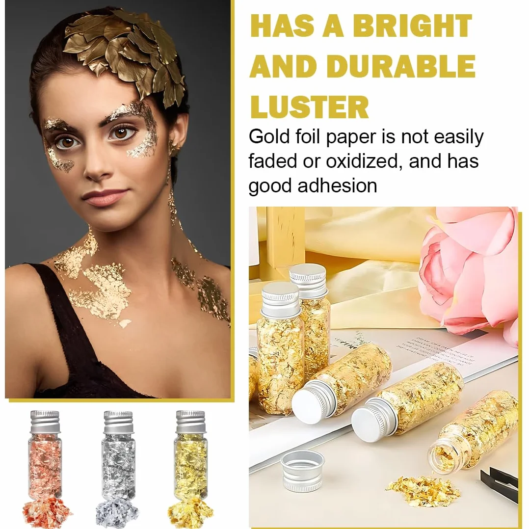 Foglia d'Oro per Doratura, Schegge di Foglia d'Oro, 3 Bottiglie, Pellicola Decorativa Multifunzionale