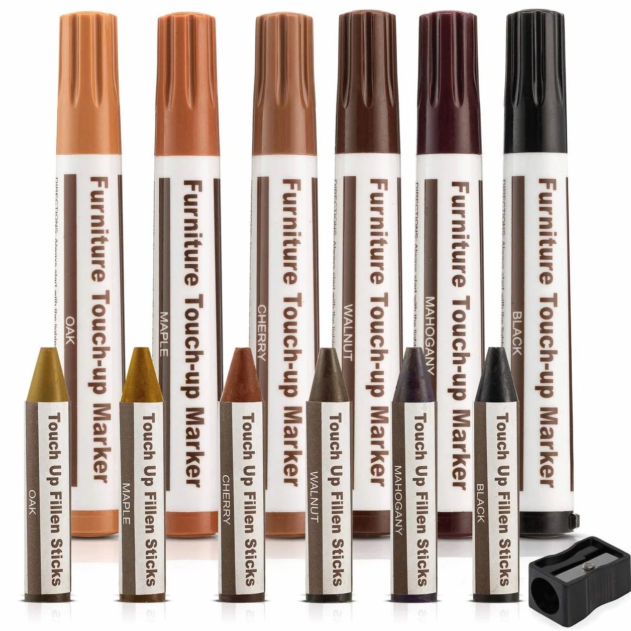 Kit di riparazione mobili da 13 pezzi, con pennarelli, pastelli riempitivi a cera e temperino, 6 colori, per macchie, graffi, pavimenti, tavoli, scrivanie, letti, ritocchi, coperture