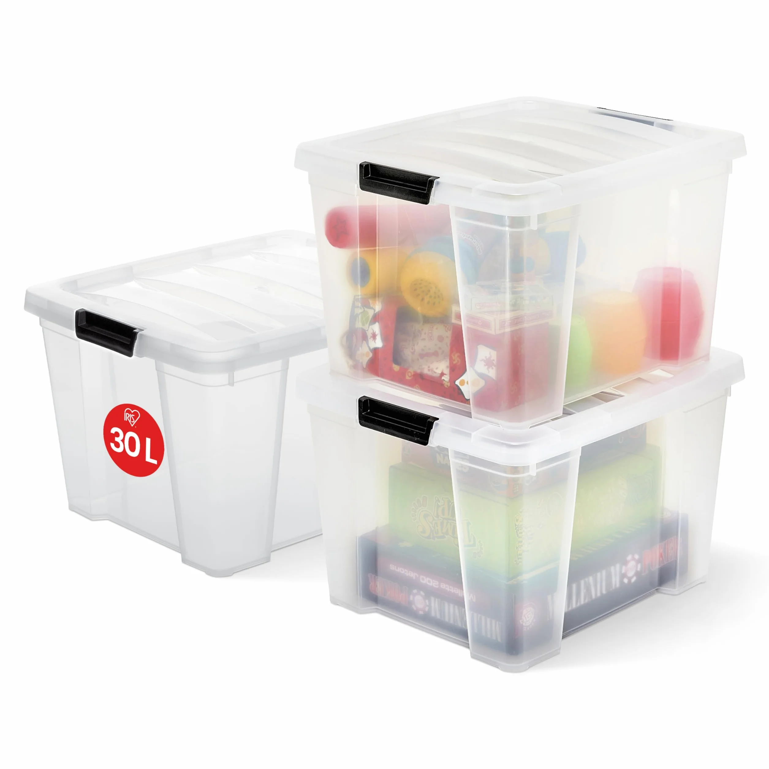 Iris Ohyama, Contenitore in Plastica con Coperchio, 30 Litri, Set da 3, Trasparente, Clip di Chiusura, Maniglia, Impilabile, per Camera da Letto, Cabina Armadio, Ufficio, Senza BPA, Contenitore, HB-30
