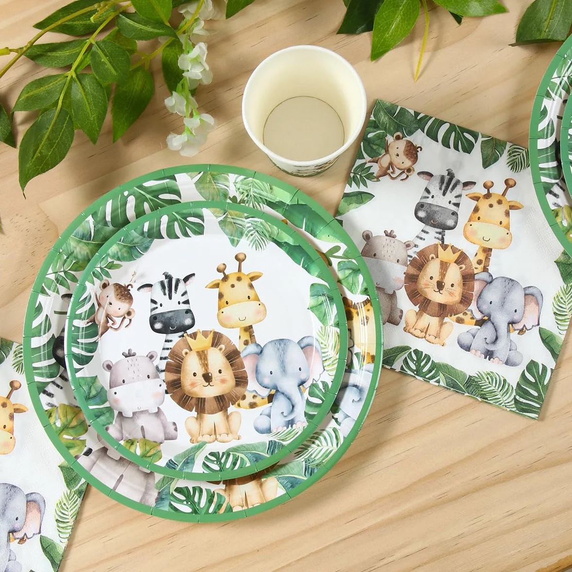 Stoviglie per Feste Animali Giungla 24 Ospiti - 96 pezzi Set da Tavola Tema Jungle