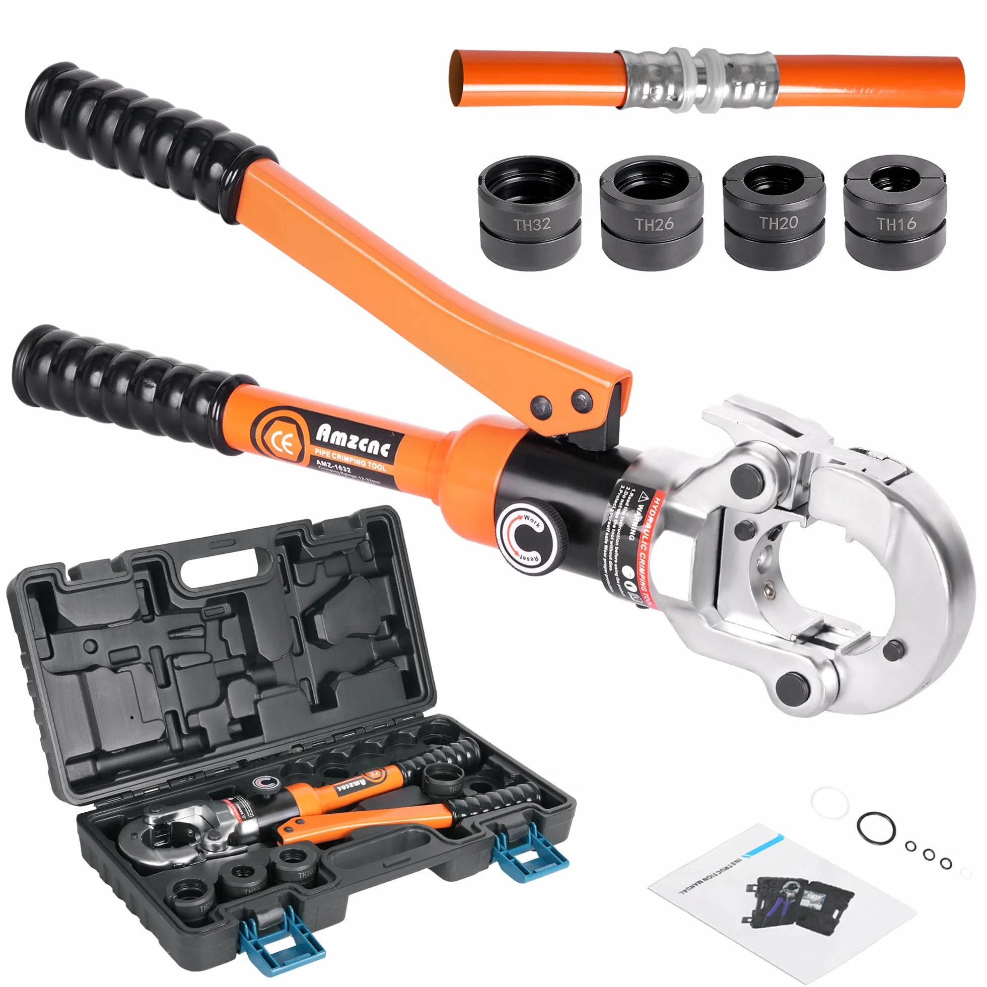 AMZCNC Pinza a pressa professionale con profilo TH, 16-20-26-32, set di utensili a pressione con testa girevole a 360°, per tubi compositi con raccordi del contorno TH, TH26, TH32 con