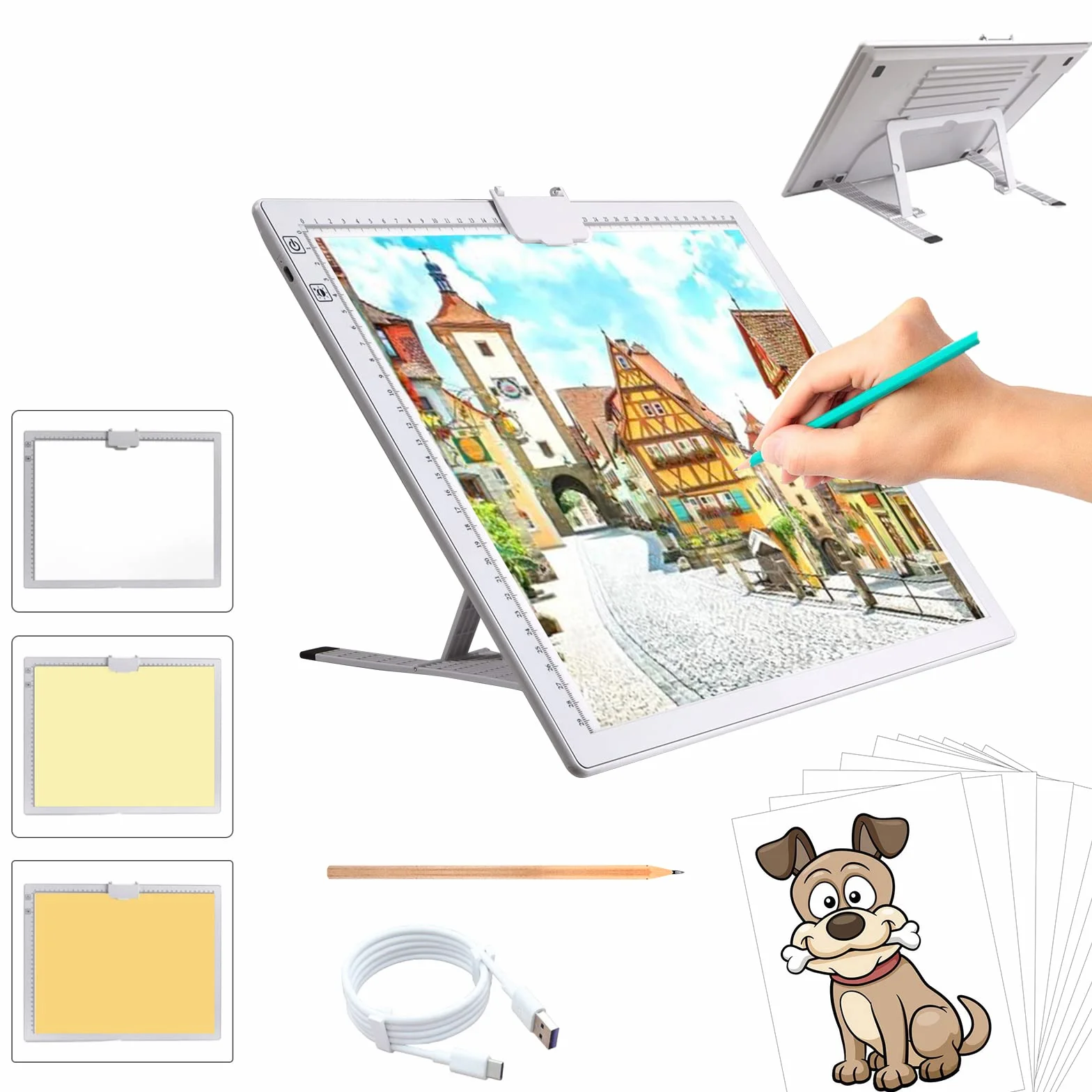 TOHETO A3 Ricaricabile Tavoletta Luminosa per Disegnare con Supporto Pieghevole, Tracing Light Box LED Light Pad di Disegno, con Luminosità Regolabile, per Disegno, Pittura a Diamante 5D (Bianco)
