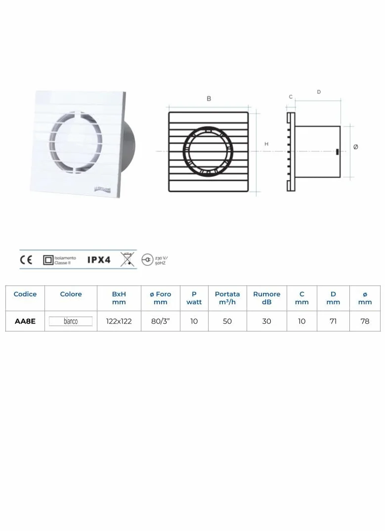 Aspiratore Elicoidale da Parete per fori ø 80 mm La Ventilazione AA8E