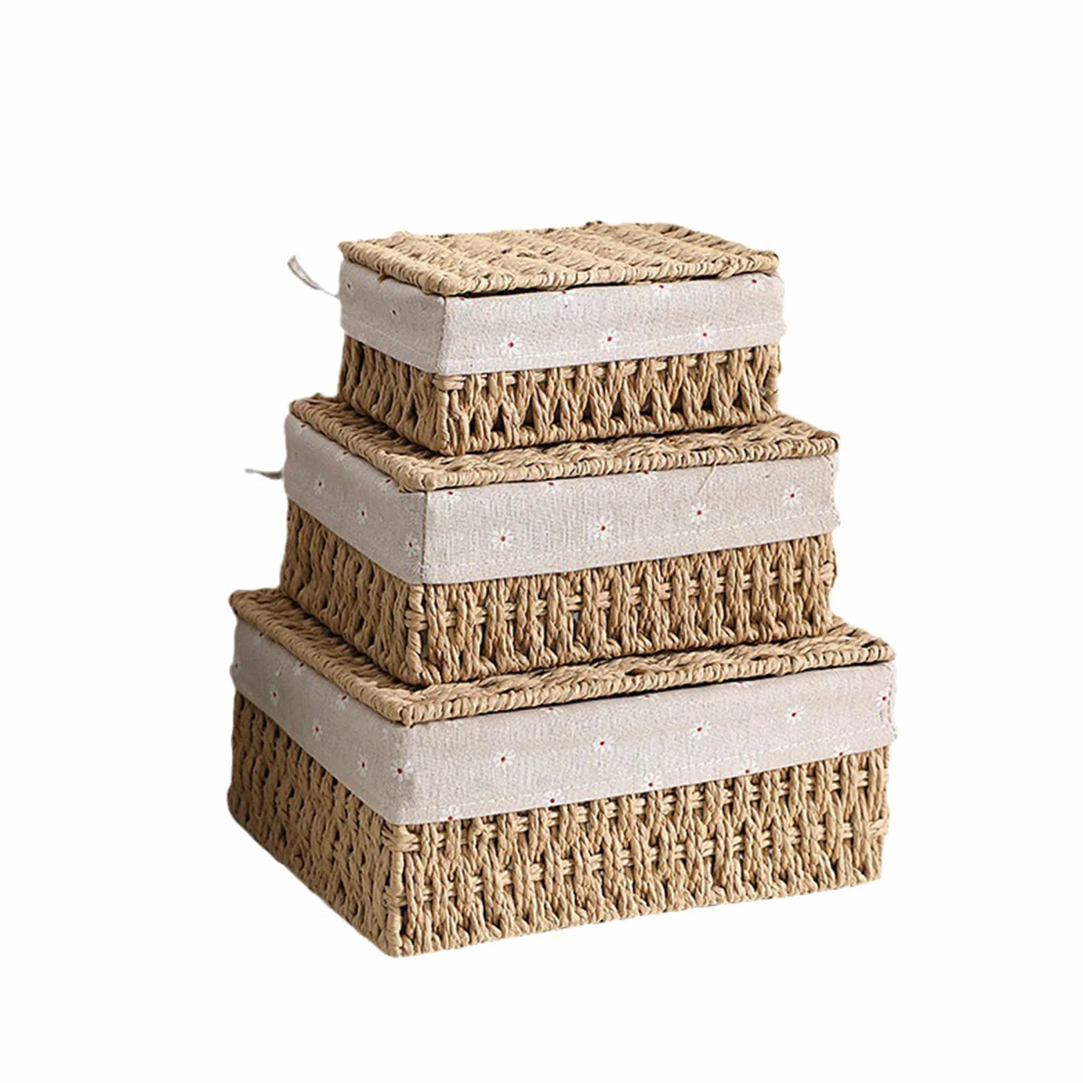 Set di 3 Cestini Portaoggetti Intrecciati a Mano con Coperchio - Corde di Carta Riciclata e Fodera Lavabile - Organizer Multifunzione per Bambini, Bagno, Cucina - Stile Boho Decor (Beige)