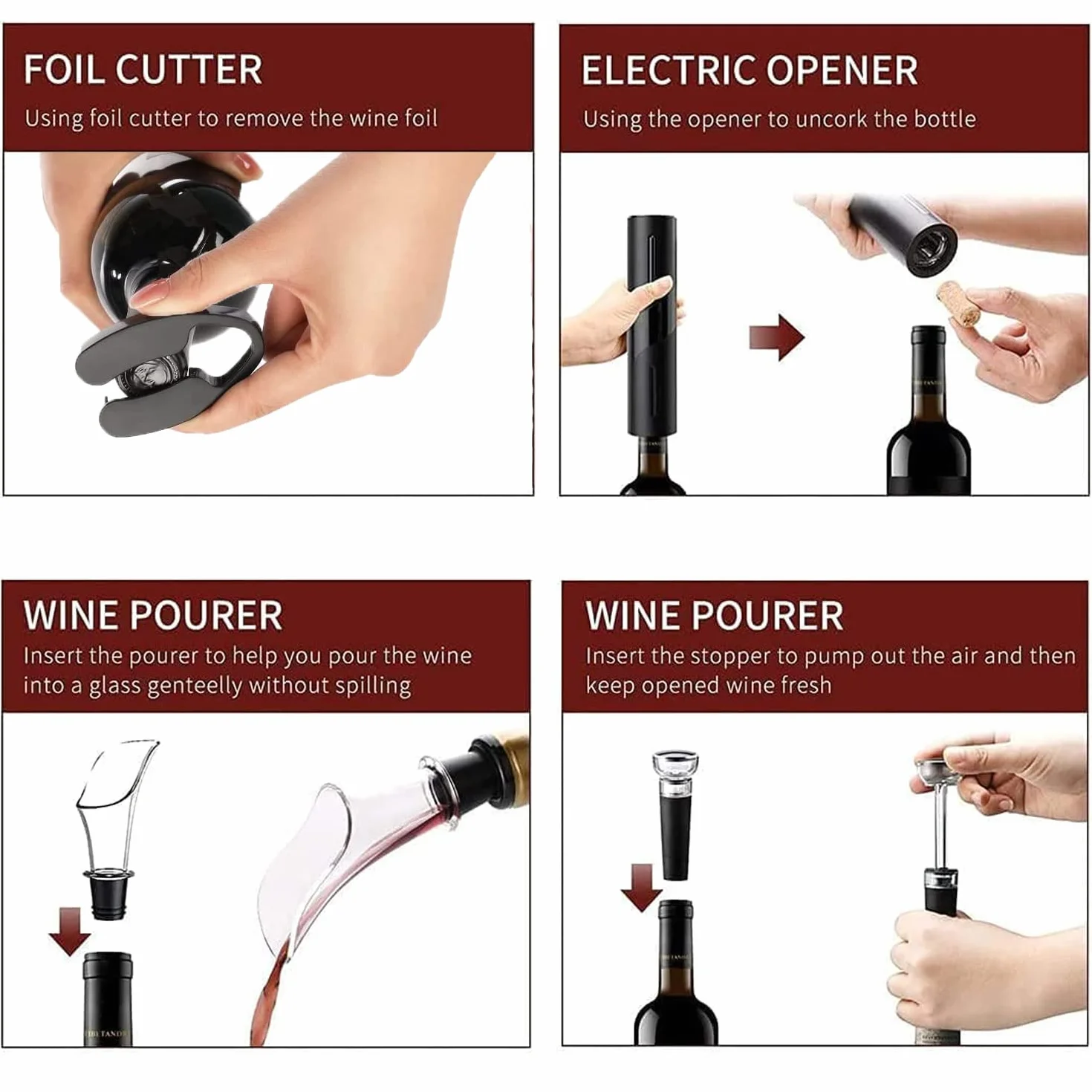 Cavatappi Elettrico per Vino, Set di Apribottiglie Elettrico 6 In 1 con Base, Taglierina, Versatore, Tappo in Silicone per Vuoto, Linea di Ricarica USB