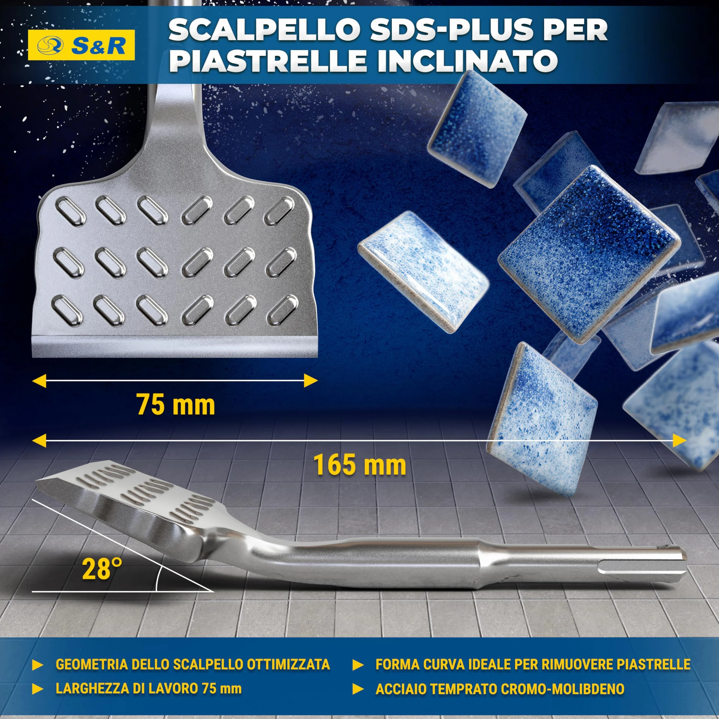 S&R Scalpello SDS-plus Angolato Piastrelle/Muro 180/165x75mm, MADE IN GERMANY Spatola Curva. Qualità Industriale.