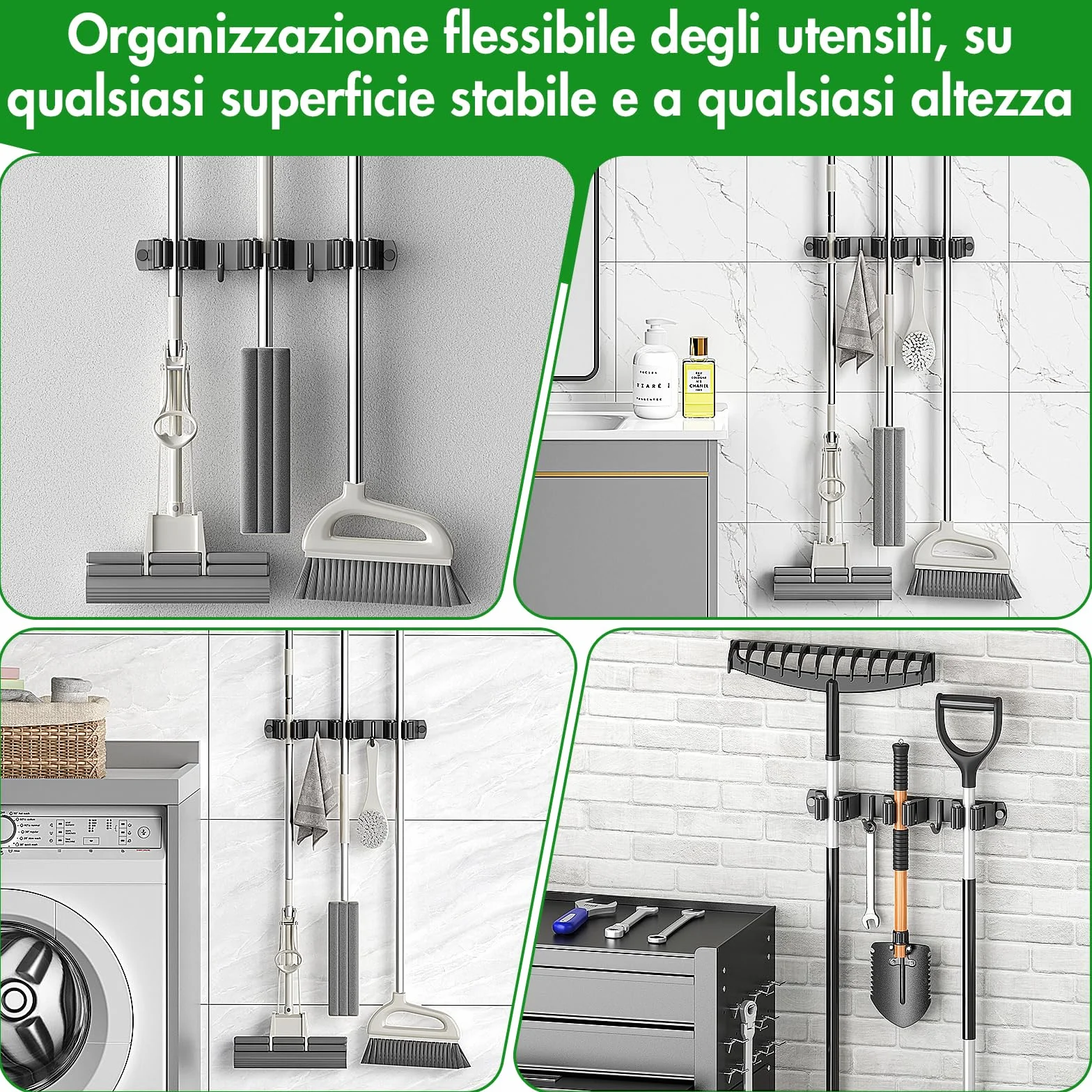 Porta Scope Parete Autoadesivo Acciaio Inox con 4 Supporti e 3 Ganci, Nero