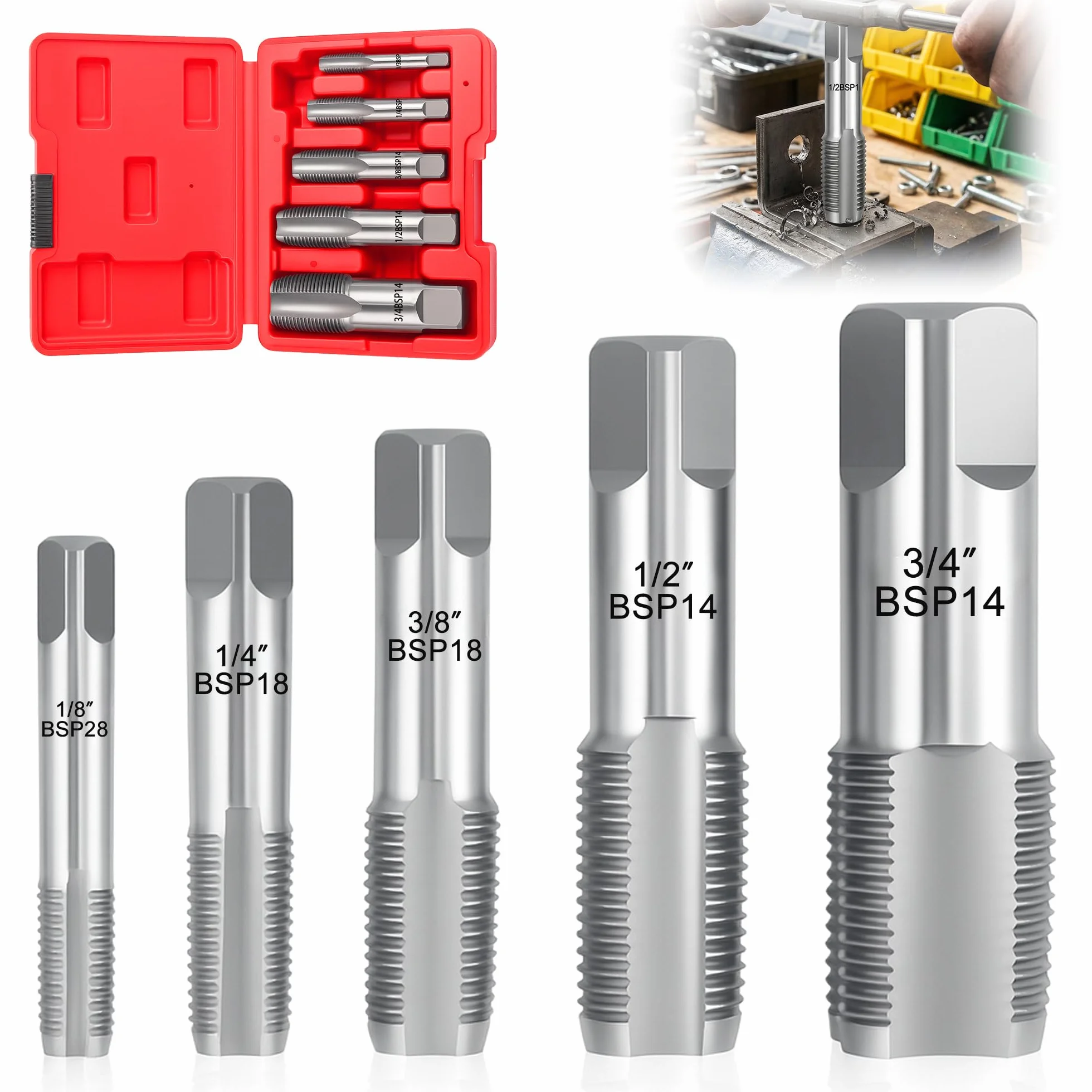 Set di 5 trapani per filettature di tubi BSP: 1/8 pollici, 1/4 pollici, 3/8 pollici, 1/2 pollici, 3/4 pollici filettatura interna ed esterna, utensile di riparazione per tubi metallici con