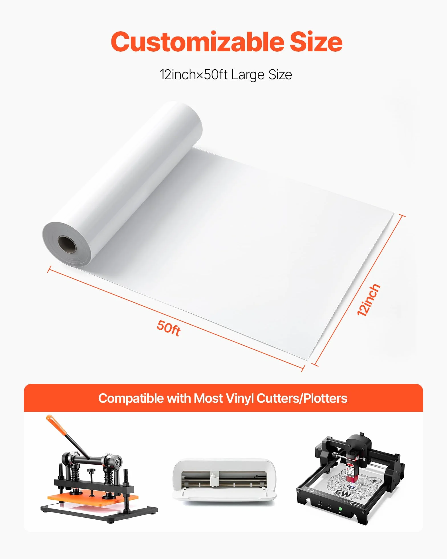 VEVOR Foglio di Rotolo Vinile Termoadesivo per Tessuti 304,8 x 15240 mm, Pellicola per Plotter in Vinile a Trasferimento Termico per Macchine da Taglio, per Magliette Cuscini Cappelli, HTV, Bianco