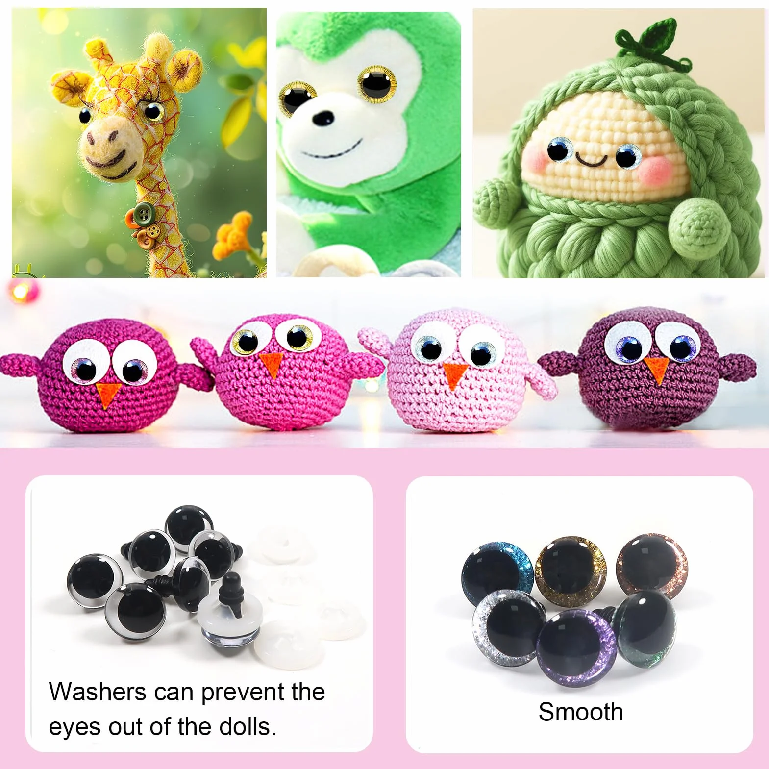 TOAOB 64 Pezzi Occhi di Sicurezza per Amigurumis 12 mm Colorati Glitter Occhi in Plastica con Rondelle per Bambole Animali Peluche