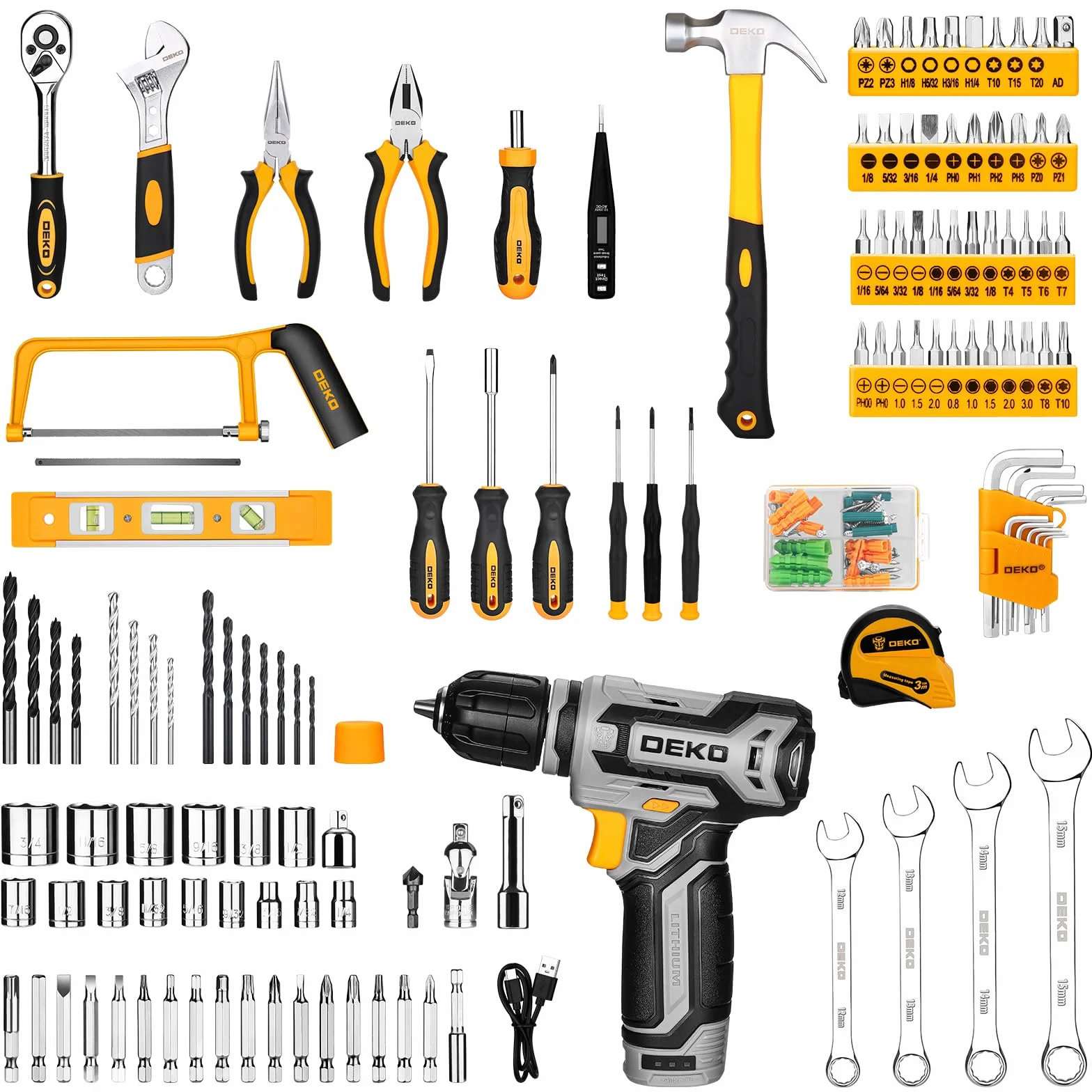 DEKO Cassetta Attrezzi Completa con Trapano Avvitatore Batteria 12V, 238 Pezzi Valigetta con Set Completo di Punte