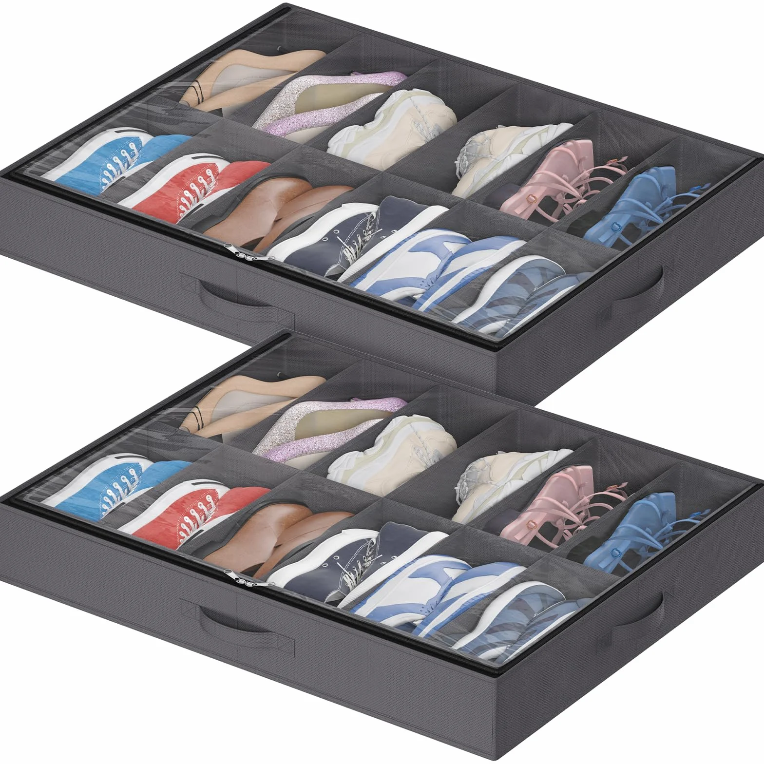 Lifewit Scatole per Scarpe con Finestra Trasparente, Contenitori Portaoggetti Pieghevole Sottoletto per Scarpe, Organizer per Scarpe con Manici Salvaspazio, Grigio, 2 x 12 Paia