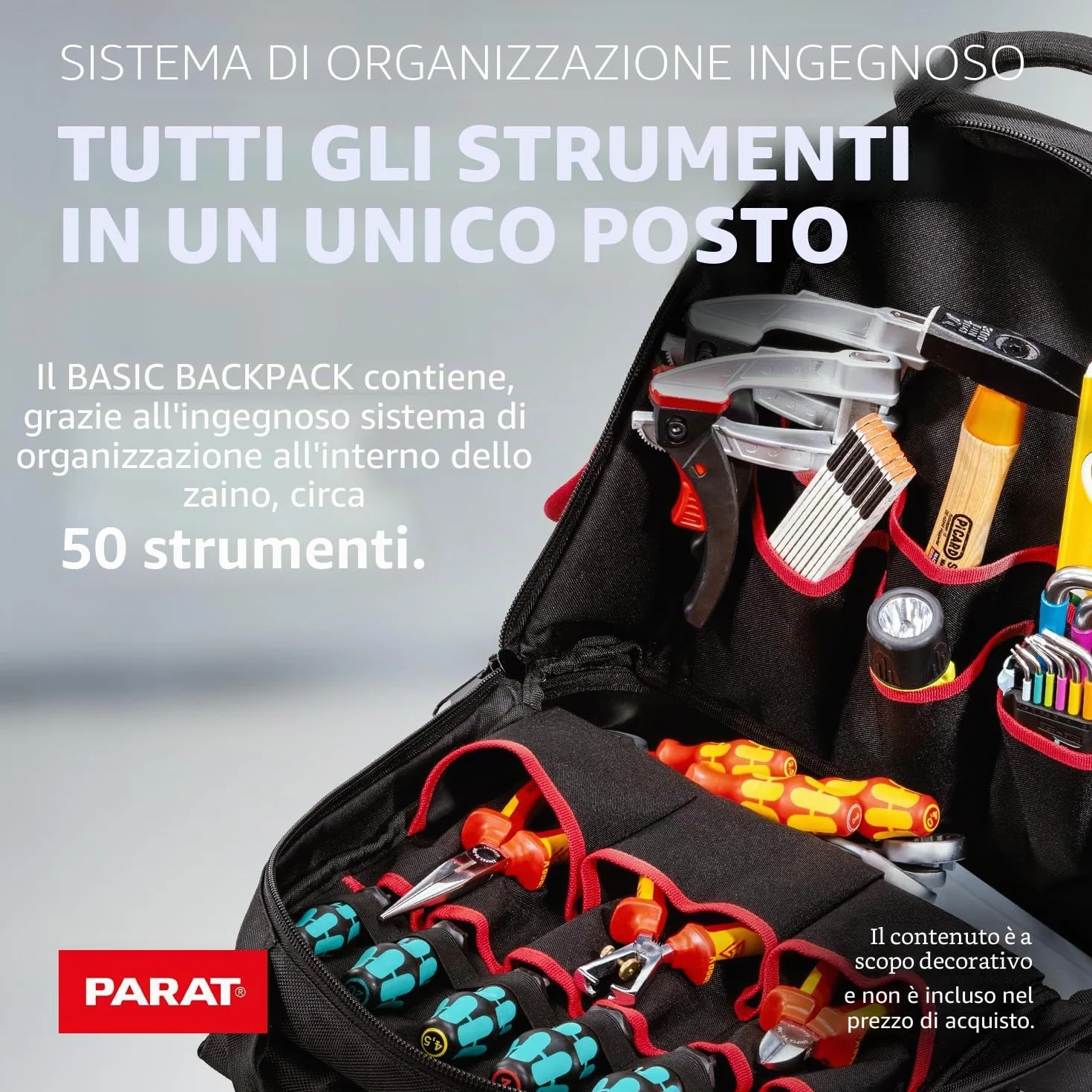 PARAT Basic, zaino per attrezzi da 23 l, per elettricisti, zaino in nylon resistente, con 15 scomparti e 6 passanti in gomma, zaino per elettricisti con fondo rinforzato